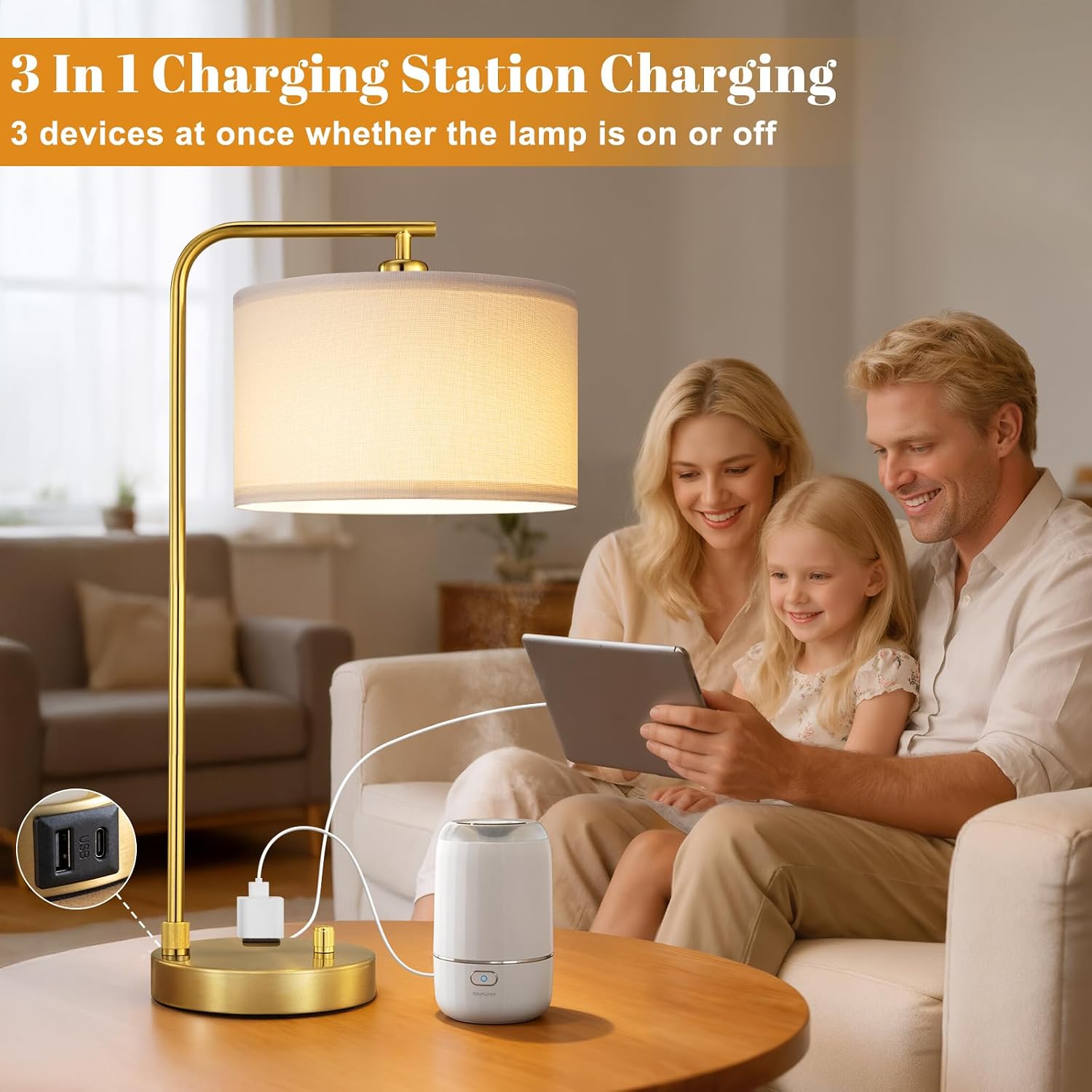Innqoo Bedside Table Lamps for Bedroom Set of 2-Dimmable Nightstand Lamps with USB Port and Outlet,Modern Gold Lamps with Linen Shade,Tall Desk Lamps for Home Office Bedroom Living Room End Table - Image 3