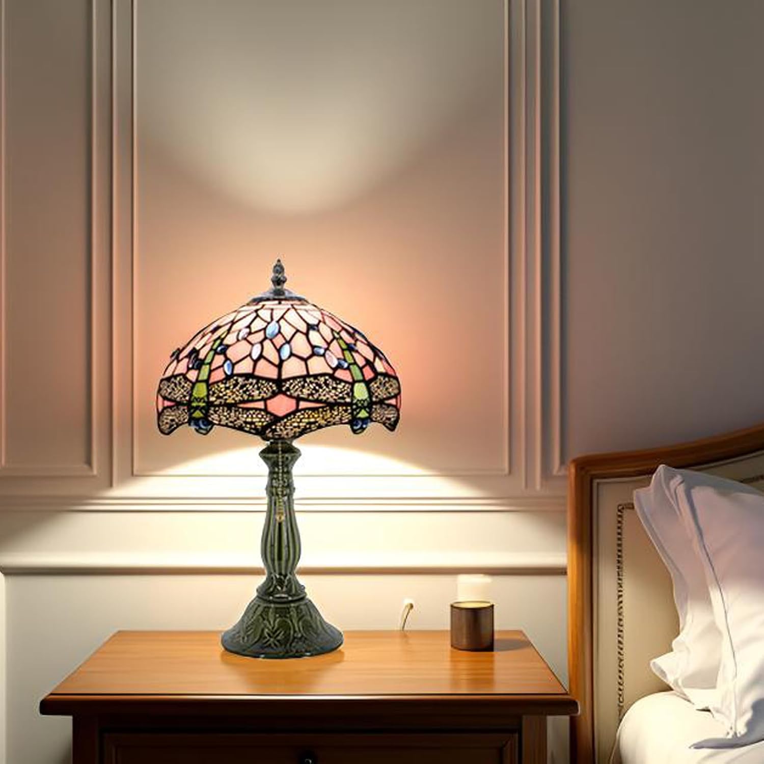 Tiffany Style Stained Glass Table Lamp 18.5 Inch - Pink Dragonfly | 12X12X18.5 Inch, E26 Bulb Base,Pull Chain Switch, Ceramic Base, Bedside, Bedroom, Living Room, Office, Reading Light, - Image 5