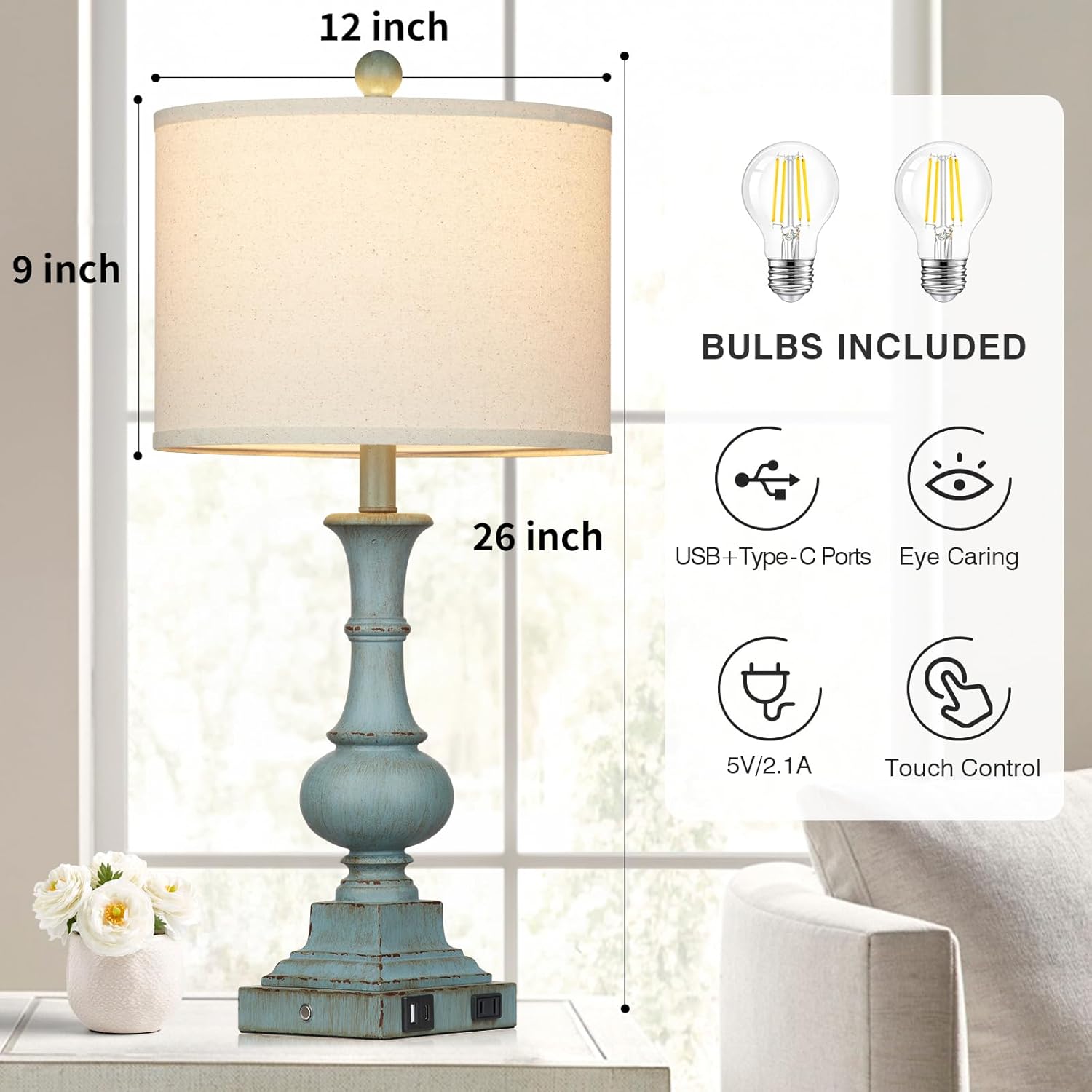 Farmhouse Table Lamps Set of 2, 26" Vintage Rustic Touch Control 3-Way Dimmable Bedside Lamp with USB A+C Ports & AC Outlet, Blue Nightstand Lamp for Living Room Bedroom End Table(LED Bulbs Included) - Image 5