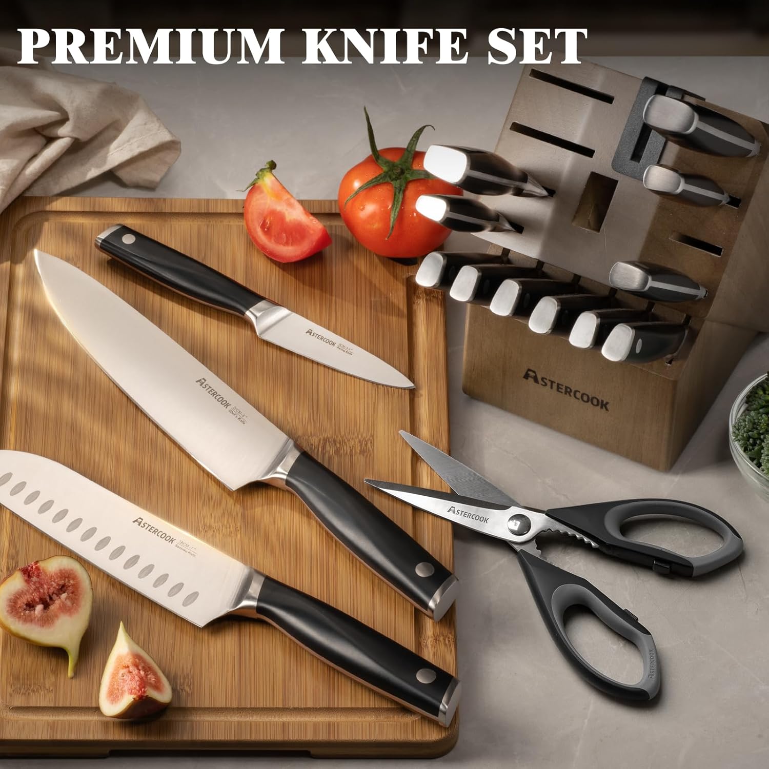 Astercook Knife Set, Kitchen Knives Set with Block and Sharpener Full Tang 17 Pcs German Stainless Steel Knives Sharp Blade Dishwasher Safe Premium Knife Set, Black Father Day Gifts for Men - Image 7