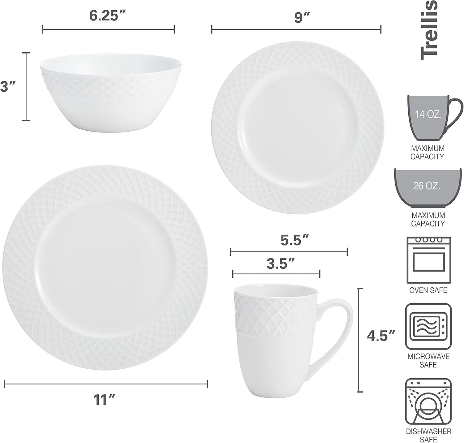 Mikasa Trellis 16-Piece Bone China Dinnerware Set, White, Includes Dinner Plates, Salad Plates, Cereal Bowls and Mugs, Dishwasher Safe - Image 6