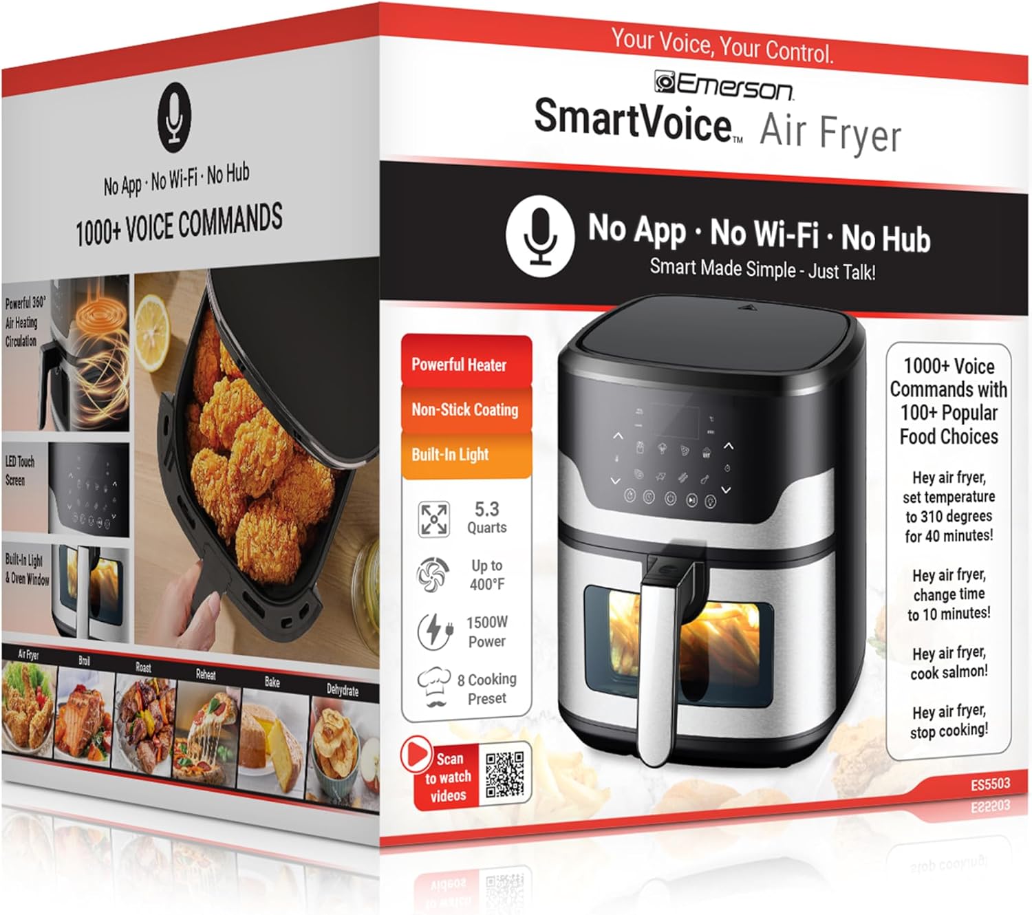 Emerson SmartVoice 5.3QT Air Fryer, 1000+ Voice Commands, 6-in-1 Digital Cooker, Compact Countertop Design, Oil-Free Healthy Cooking, Easy-Clean Nonstick Basket, 1500W - Image 9