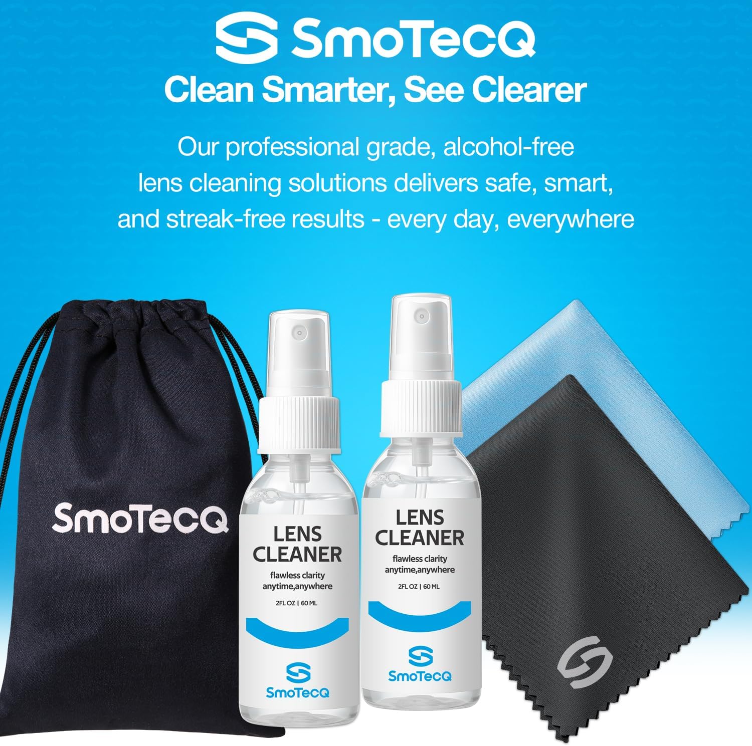 SmoTecQ Glasses Cleaner Kit – Alcohol-Free, Plant-Based Spray + Ultra-Soft Microfiber Cloths for Eyeglasses, Screens & Cameras – 2 x 2oz Spray Bottles + 2 Cloths + Travel Pouch Set - Image 7