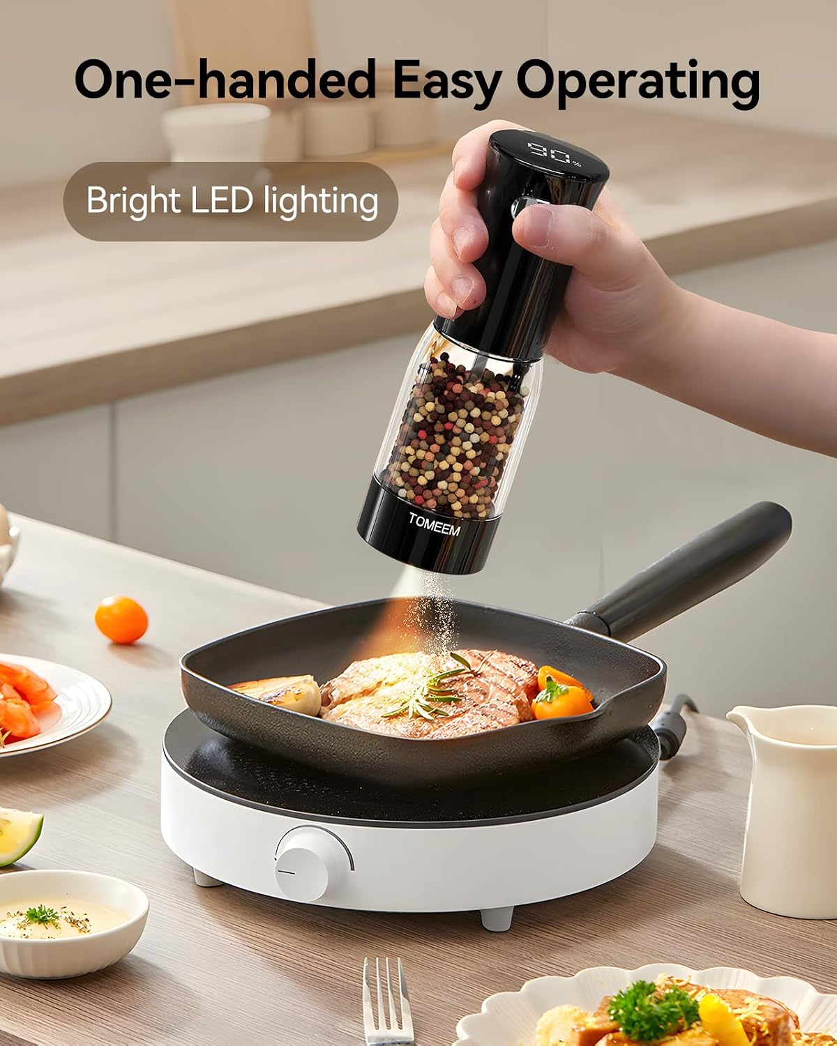 TOMEEM Electric Salt and Pepper Grinder Set – Rechargeable with LED Power Indicator, 5-Level Adjustable Grinding, LED Light, 4.5oz Large Capacity Salt and Pepper Shakers with Storage Base - Image 4