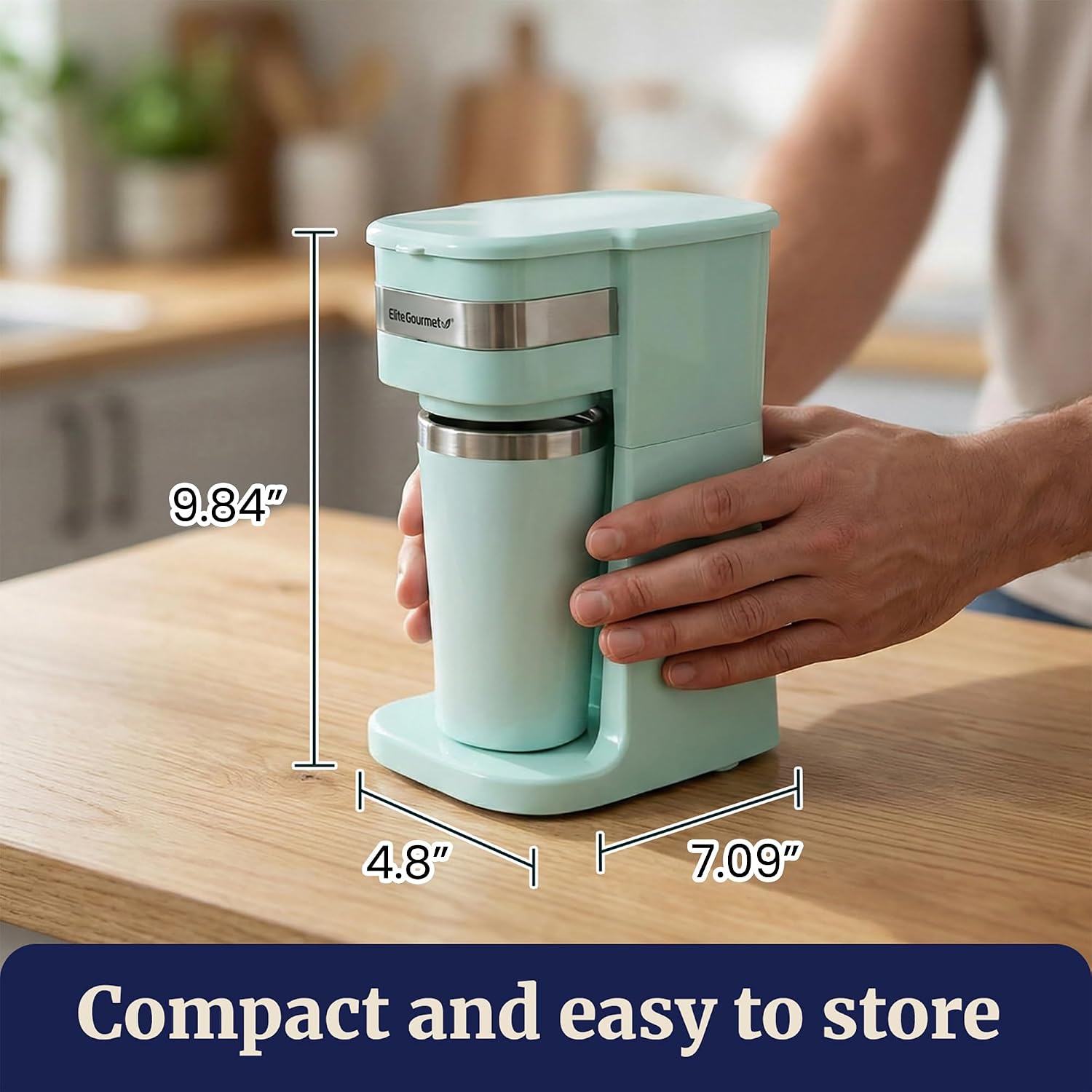 Elite Gourmet EHC113M Personal Single-Serve Compact Coffee Maker Brewer Includes 14Oz. Stainless Steel Interior Thermal Travel Mug, Compatible with Coffee Grounds, Reusable Filter, Mint - Image 3
