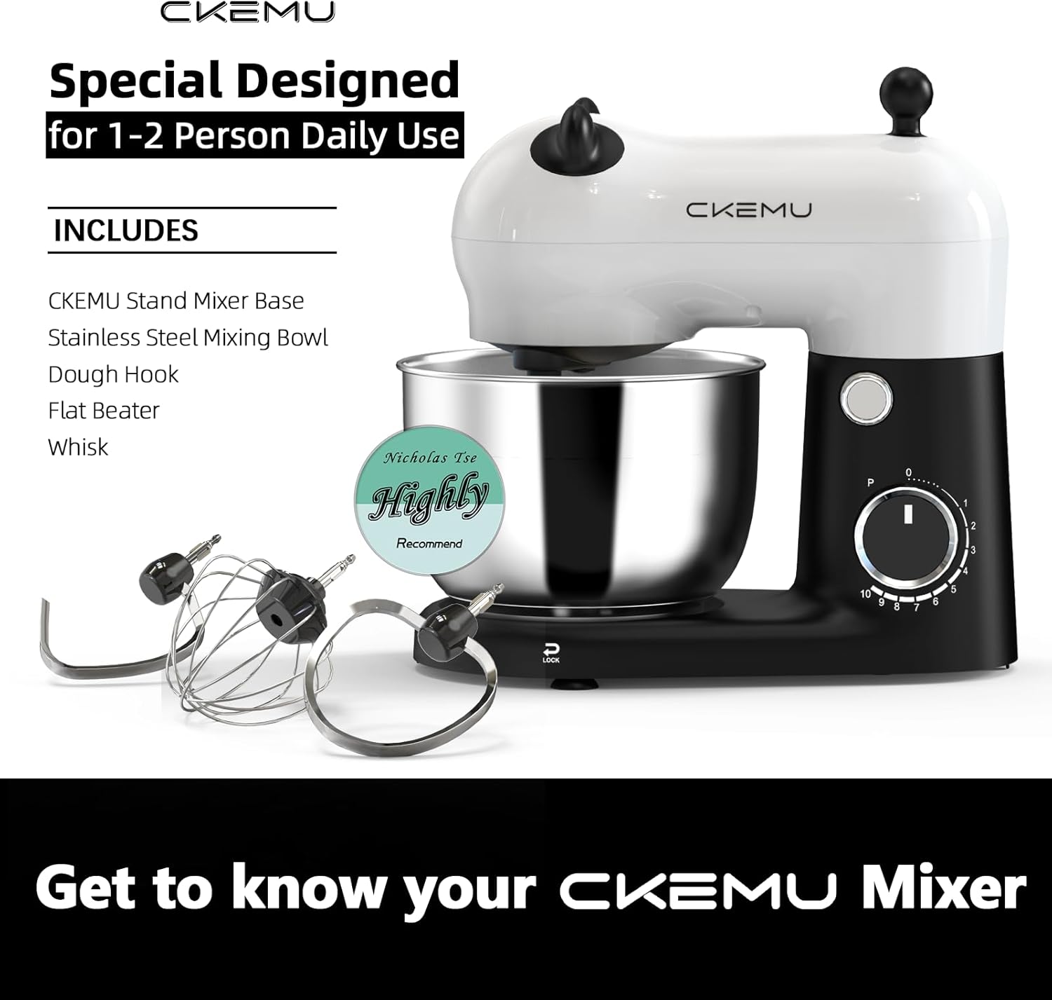 Stand Mixer, Compact & Space-Saving, Stainless Steel Bowl, Unique & Playful Design, Effcient Motor, Dishwasher-Safe Attachments, SM-2549A (Panda) - Image 2
