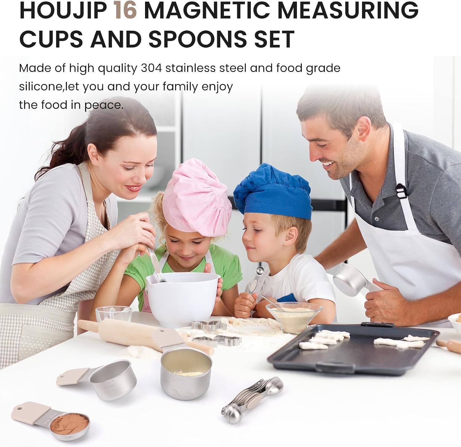 Magnetic Measuring Cups and Spoons Set-Heavy Duty 304 Stainless Steel,Double Measurement Markings,Set of 16 with Leveler for Measure Dry and Liquid Ingredients (khaki) - Image 3