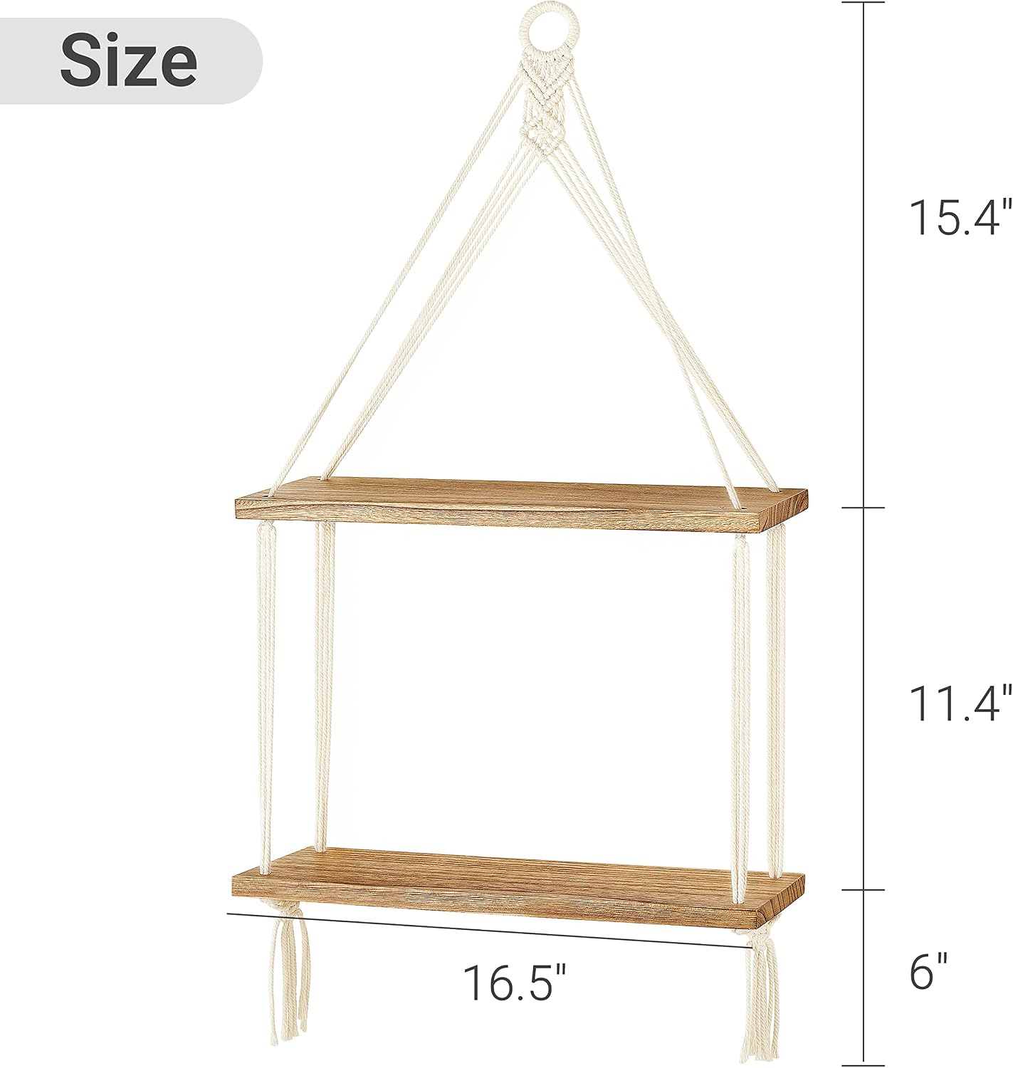 Mkono Macrame Hanging Shelf Boho Wall Decor 2 Tier Handmade Cotton Rope Rustic Wood Floating Shelves Display Photos Plants Hanging Storage Shelving for Living Room Nursery Bathroom Bedroom - Image 3