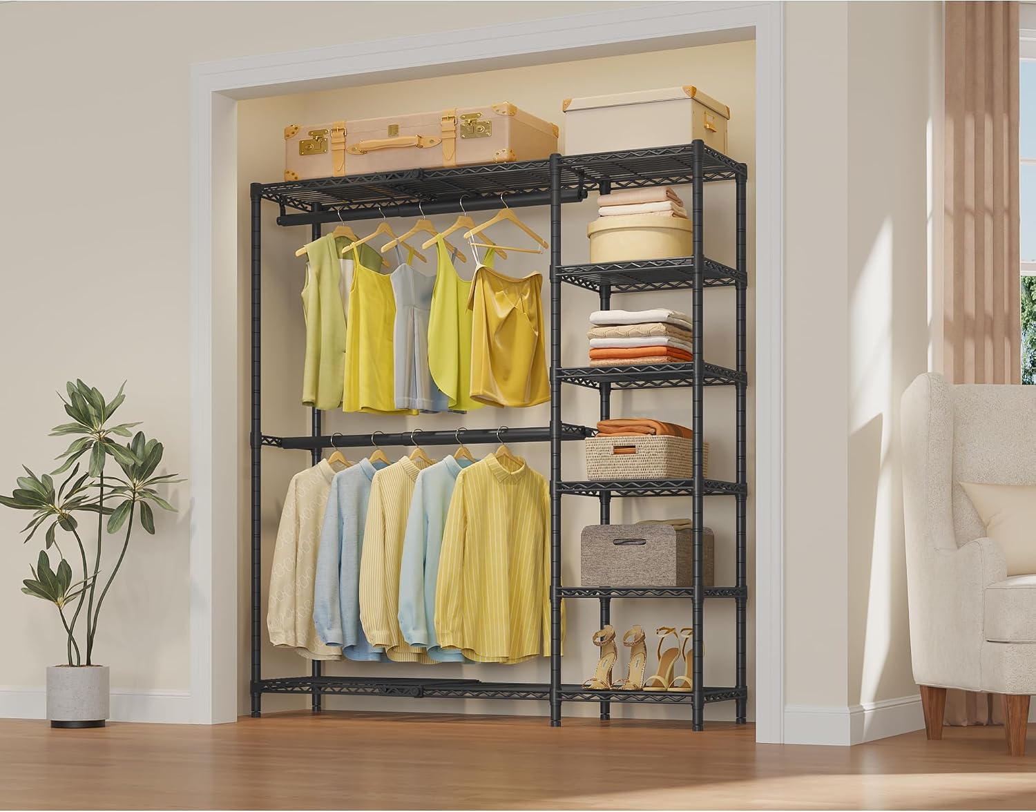 VIPEK X2 Expandable Reach-in Closet Racks Adjustable from 3'3" to 4'8" Portable Open Walk-in Closet Rack System with Flexible Shelves and Hanger Rods Clothing Rack for Hanging Clothes, Black - Image 4