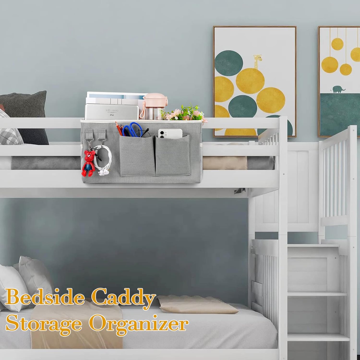 Bedside Storage Caddy/Bedside Hanging Storage Bag for Headboards Bunk Beds Dorm Rooms Book Phone Magazine Holder (Grey) - Image 3