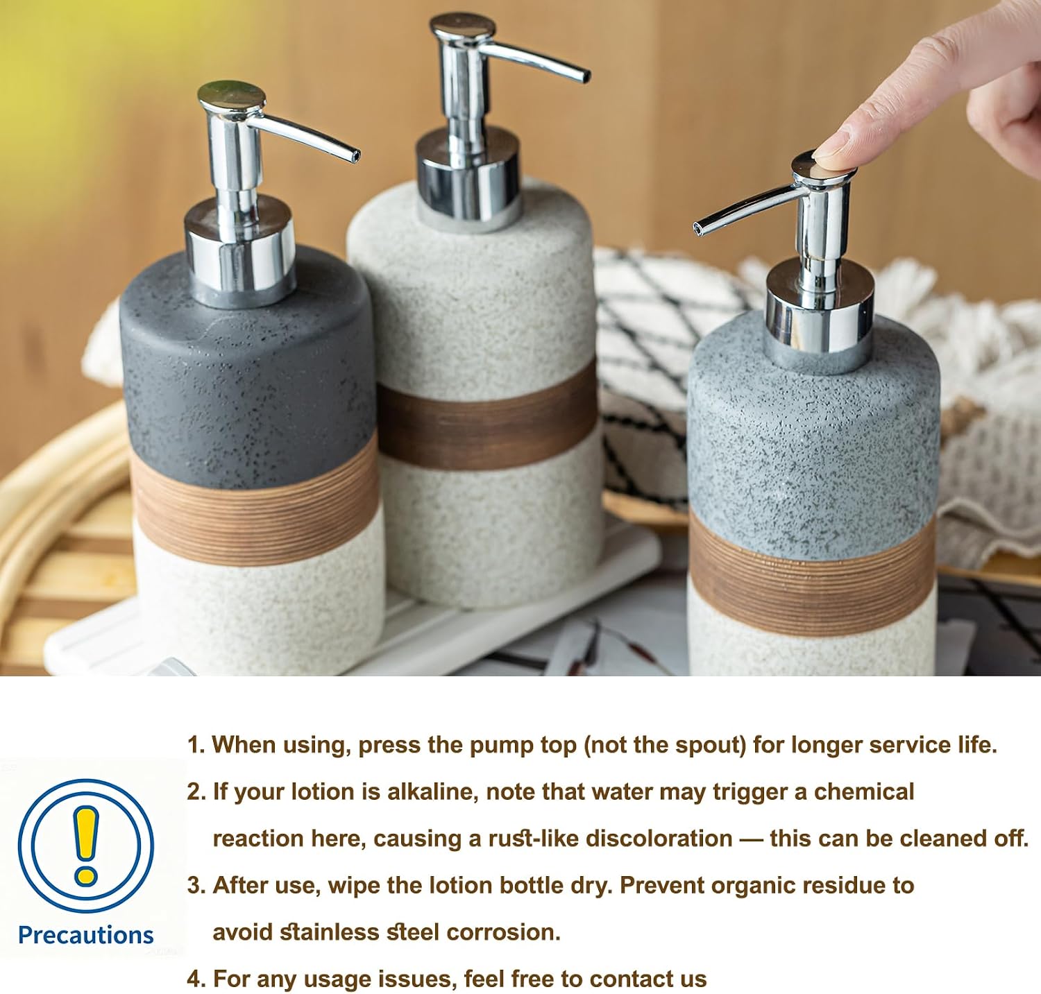 Ceramic Soap Dispenser Set(2 Pack) – Hand Soap, Dish Soap, Shampoo & Shower Soap Dispenser for Bathroom & Kitchen, Stainless Steel Pump, Includes Silicone Funnel & Diatomaceous Tray, Gray - Image 6