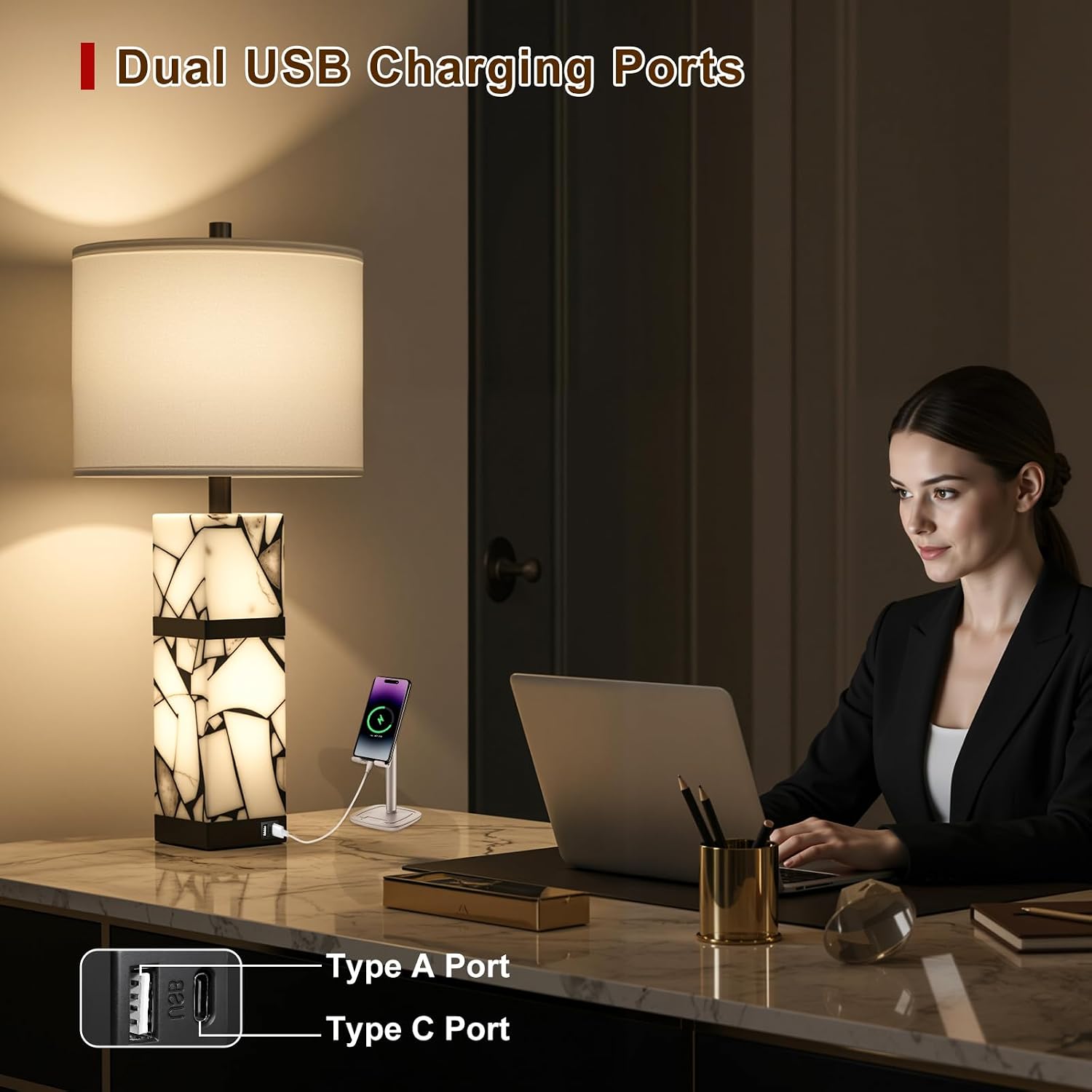 Scenekoy 27" Alabaster Table Lamps Set of 2 with Night Light for Living Room Bedroom, Nightstand Lamps with Linen Shade, Modern Bedroom Lamps with USB A+C Ports for Living Room Office (Bulb Included) - Image 4