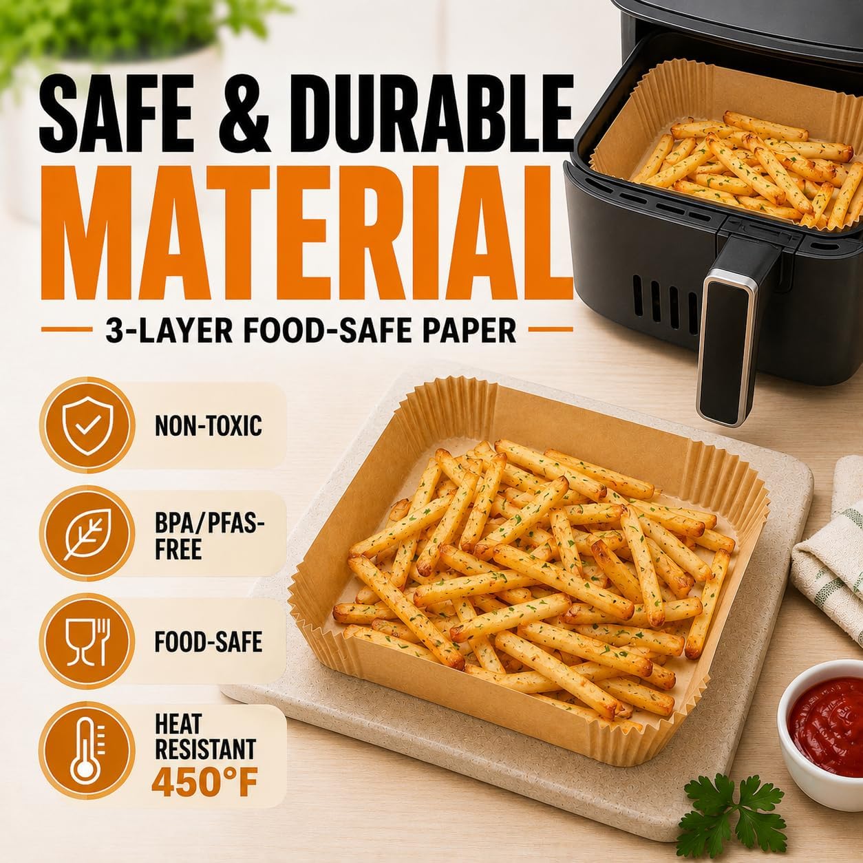 Air Fryer Paper Liners, 125Pcs Air Fryer Disposable Liners, Non-Stick and Oil Proof for Easy Cleanup, 8” Square for 5-8 qt Basket by Baker's Signature - Image 4