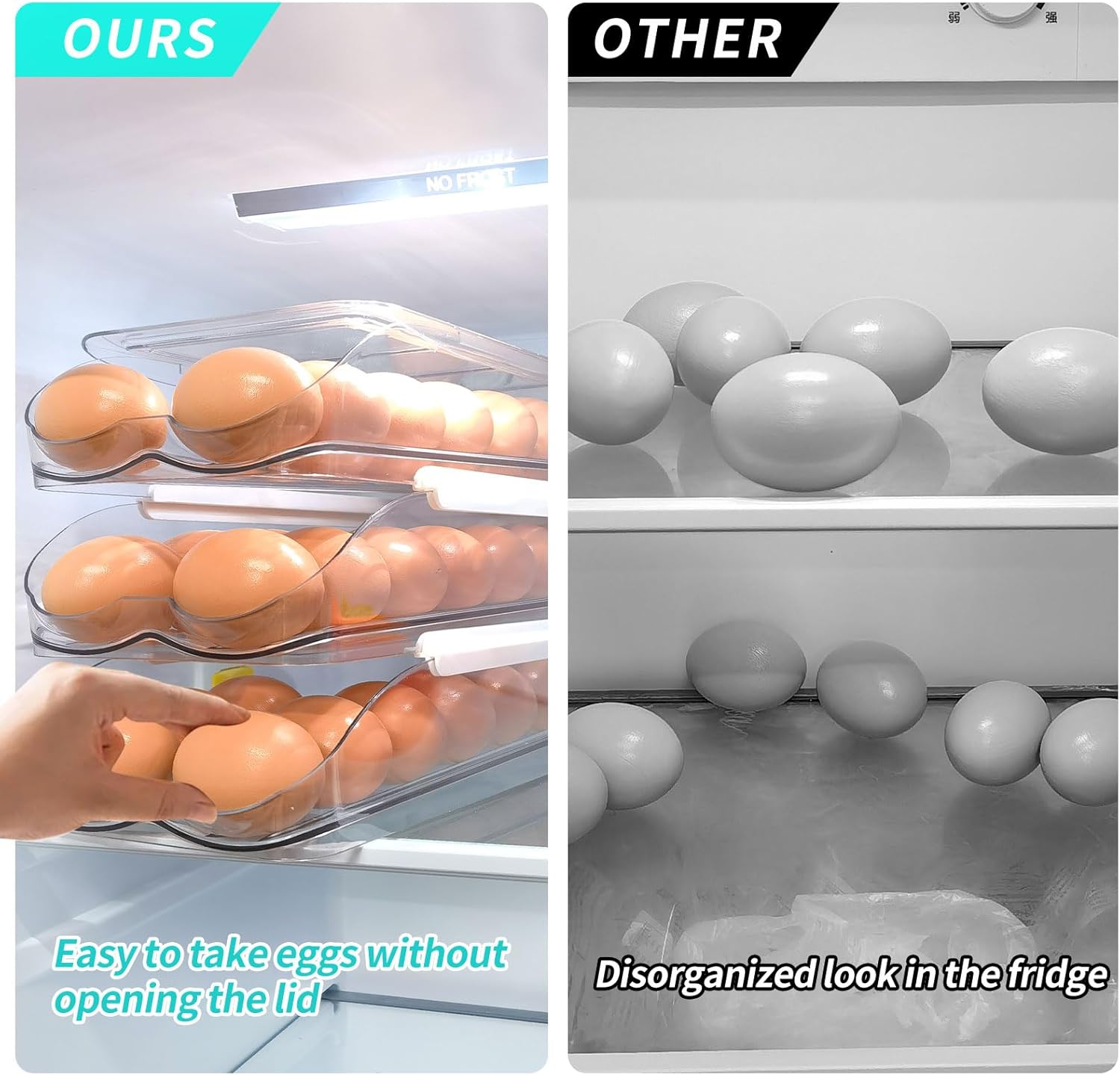 RoskDeewat Egg Holder for Fridge, Automatic Rolling Egg Container for Refrigerator, Stackable Fridge Organizers and Storage with Lid, Clear Plastic Egg Dispenser,Bin & Tray (1 Tier) - Image 3