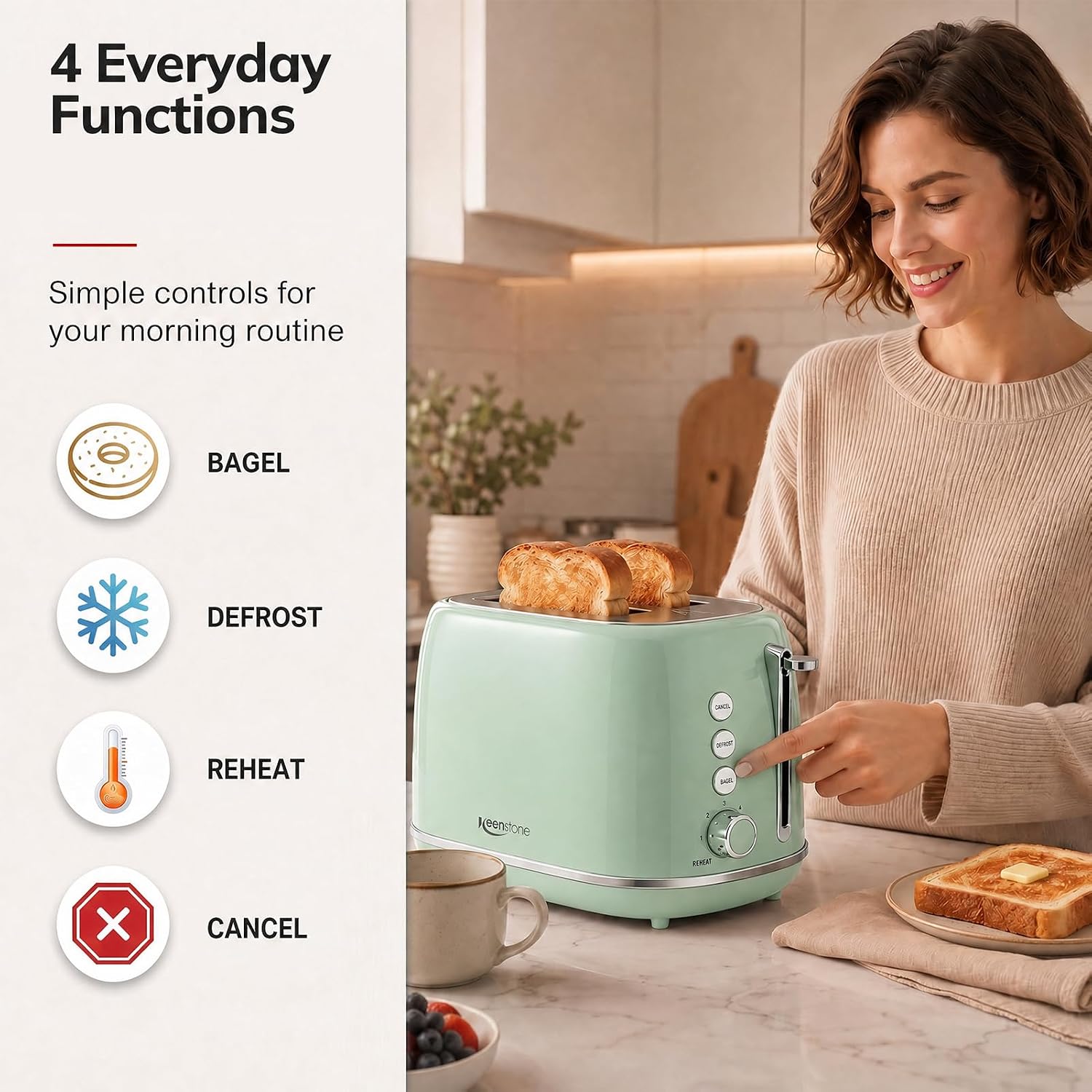 2 Slice Stainless Steel Toaster Retro with 6 Bread Shade Settings, Bagel, Cancel, Defrost Function, Extra Wide Slot, Removable Crumb Tray Green - Image 4
