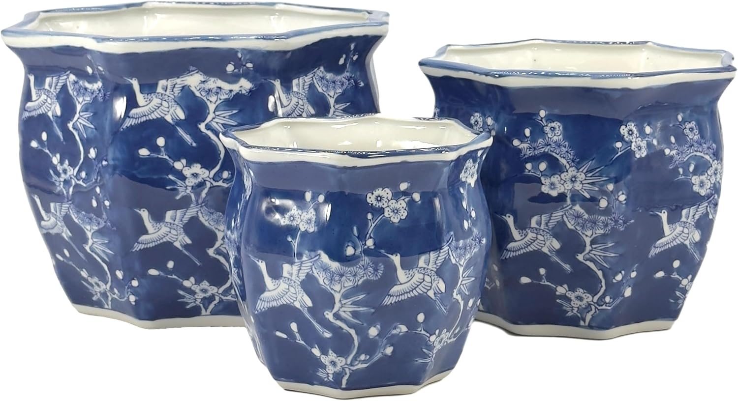 Galt International White & Blue Crane Round Fluted Floral Porcelain Ceramic Plant Flower Planter Pot Set of 3 (7.5", 10", 13") Garden Pots Chinese Asian Design - Image 5