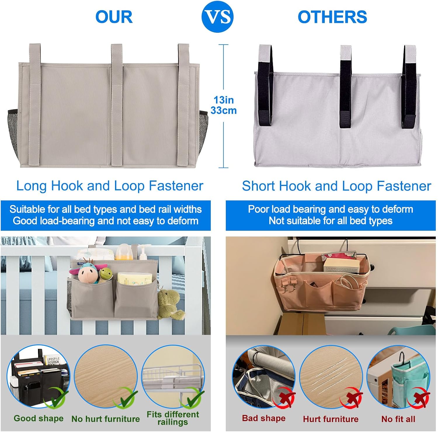 Surblue Bedside Caddy Hanging Bed Organizer Storage Bag Pocket for Bunk and Hospital Beds, College Dorm Rooms Baby Bed Rails,Camp (8 Pockets),Gray - Image 4