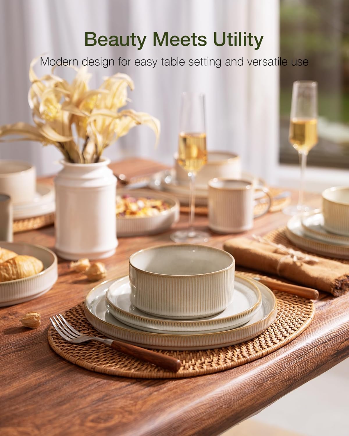 Famiware Star Dinnerware Sets, Plates and Bowls Set for 4, 12 Pieces Ribbed Dishes - Chip and Scratch Resistant, Microwave and Dishwasher Safe Tableware, Cappuccino White - Image 2