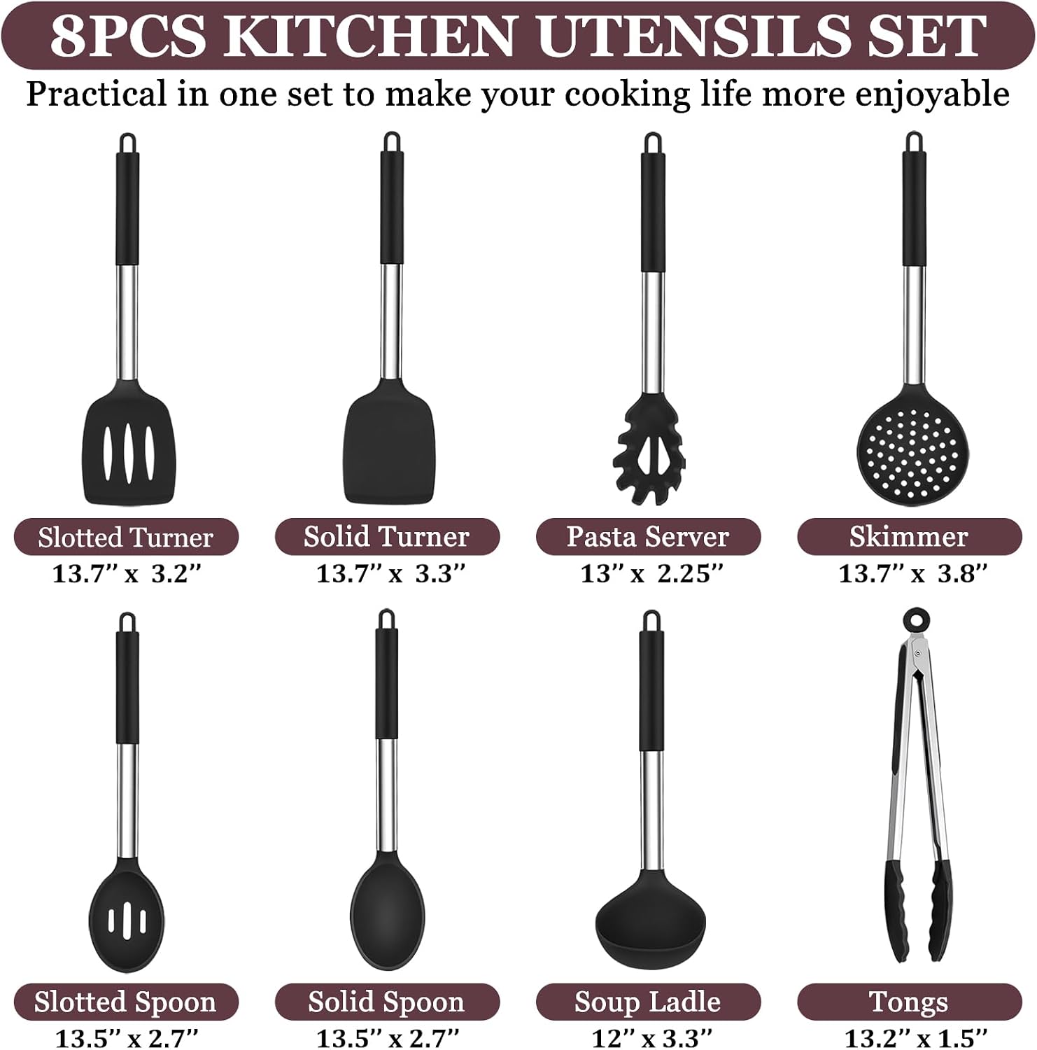 TeamFar Kitchen Utensils Set of 8, Silicone Utensils Kitchen Tools Set with Stainless Steel Handle, for Frying Serving Flipping Draining, Non-toxic & Heatproof, Nonstick & Dishwasher Safe - Black - Image 2