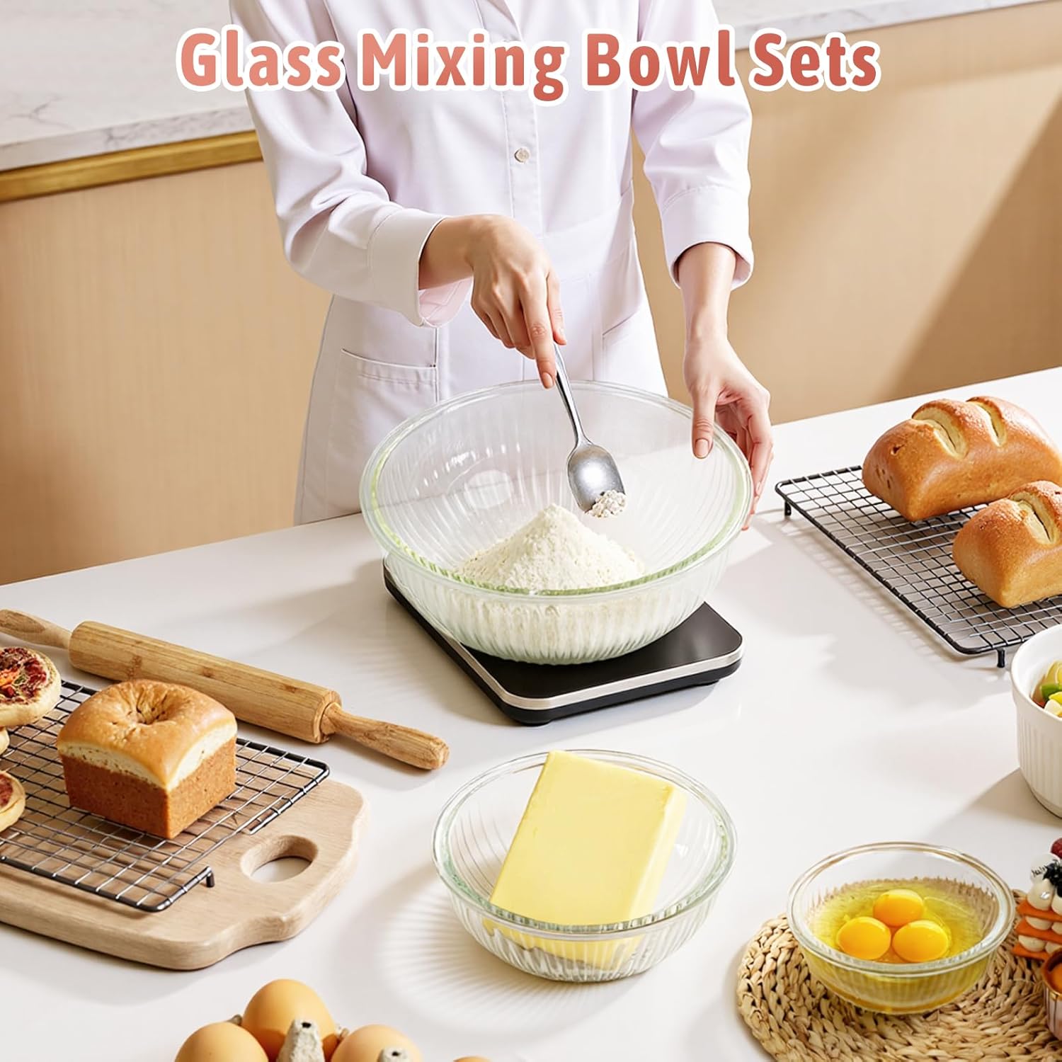 Glass Mixing Bowls with Lids Sets, 5 Packs Glass Bowls with Lids for Kitchen Baking, Meal Prepping and Salad, Bpa Free and Dishwasher Safe Serving Bowls, 0.2/0.5/1.1/2.1/3.7Qt - Image 3