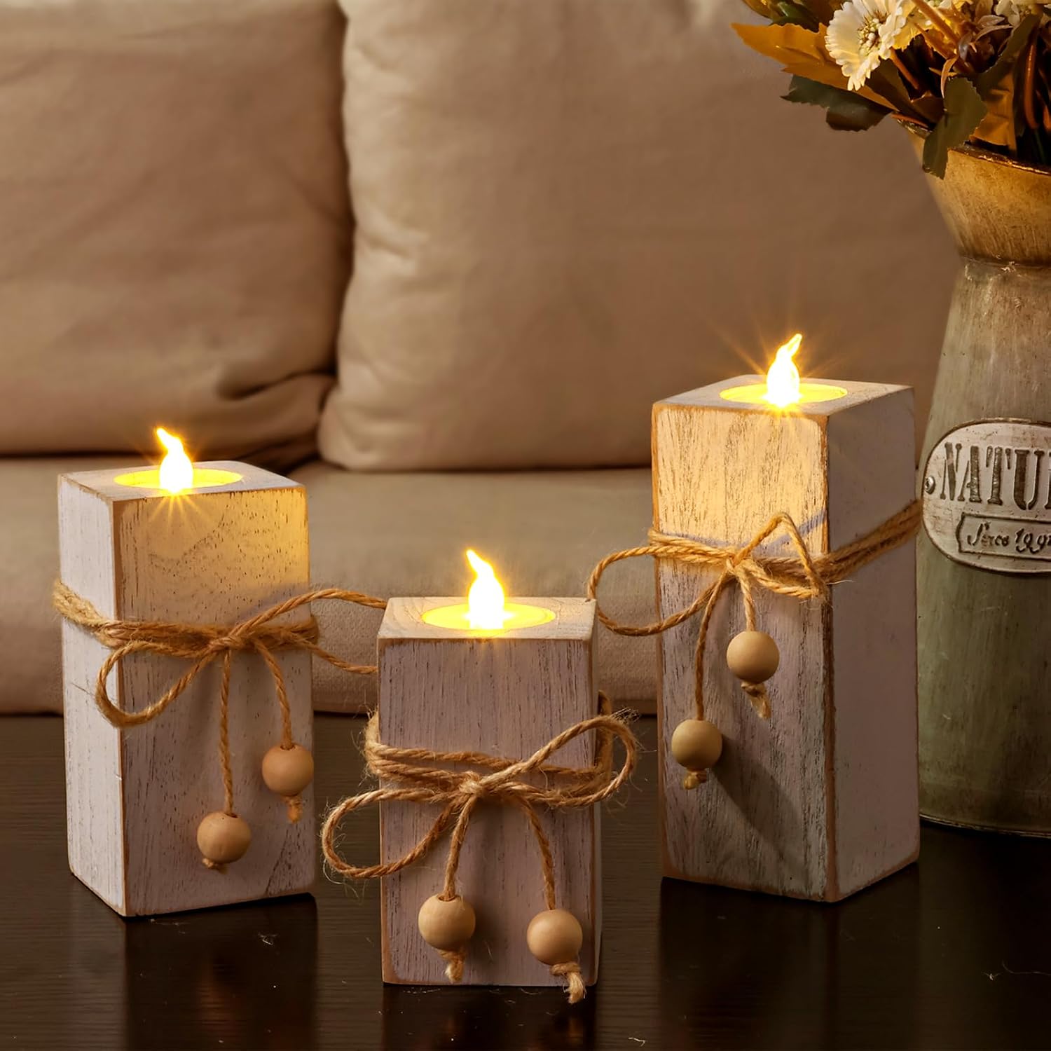 MelonBoat Rustic Flameless LED Candles 3-Pack, Battery Operated Candles with Wooden Candle Holders, White Rustic Farmhouse Decor, Farmhouse Candle Holder for Valentines Holiday Party Home Decor - Image 9