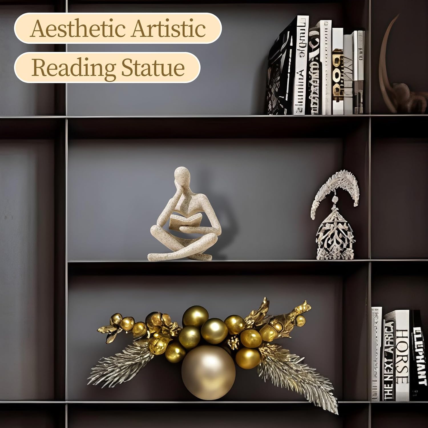UTTCMK Bookshelf Decor Thinker Statue - Abstract Art Reading Thinker Sculpture Figurine Aesthetic, Modern Home Decoration for Living Room Office Shelves Coffee Table Desk Decor(Beige) - Image 2