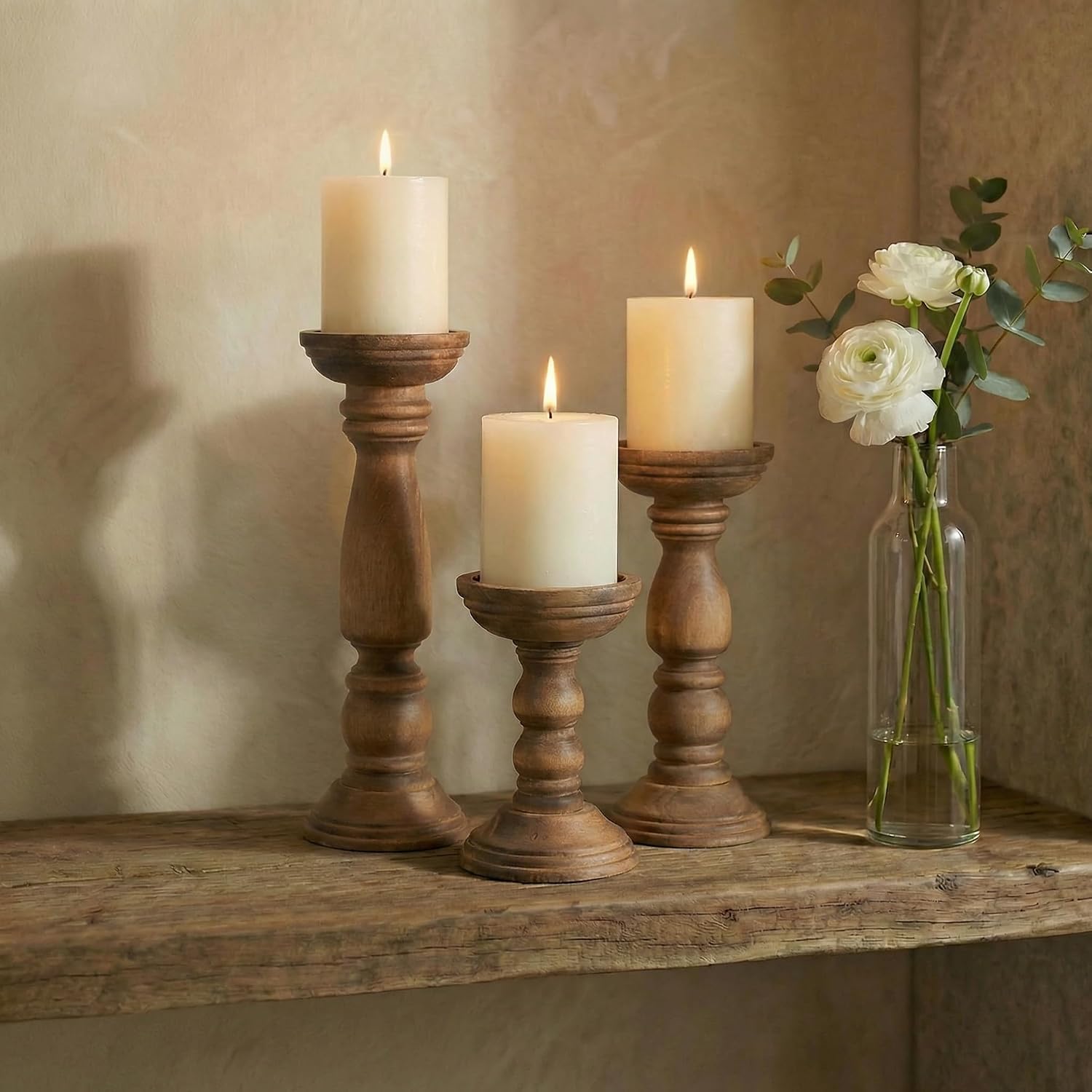 BANOMII Farmhouse Wooden Candle Holders for Pillar Candles Set of 3, Rustic Wood Candle Holder Table Centerpiece Decor, 12'' 9'' 6'' Vintage Tall Candle Stand Decorative, Brown - Image 5