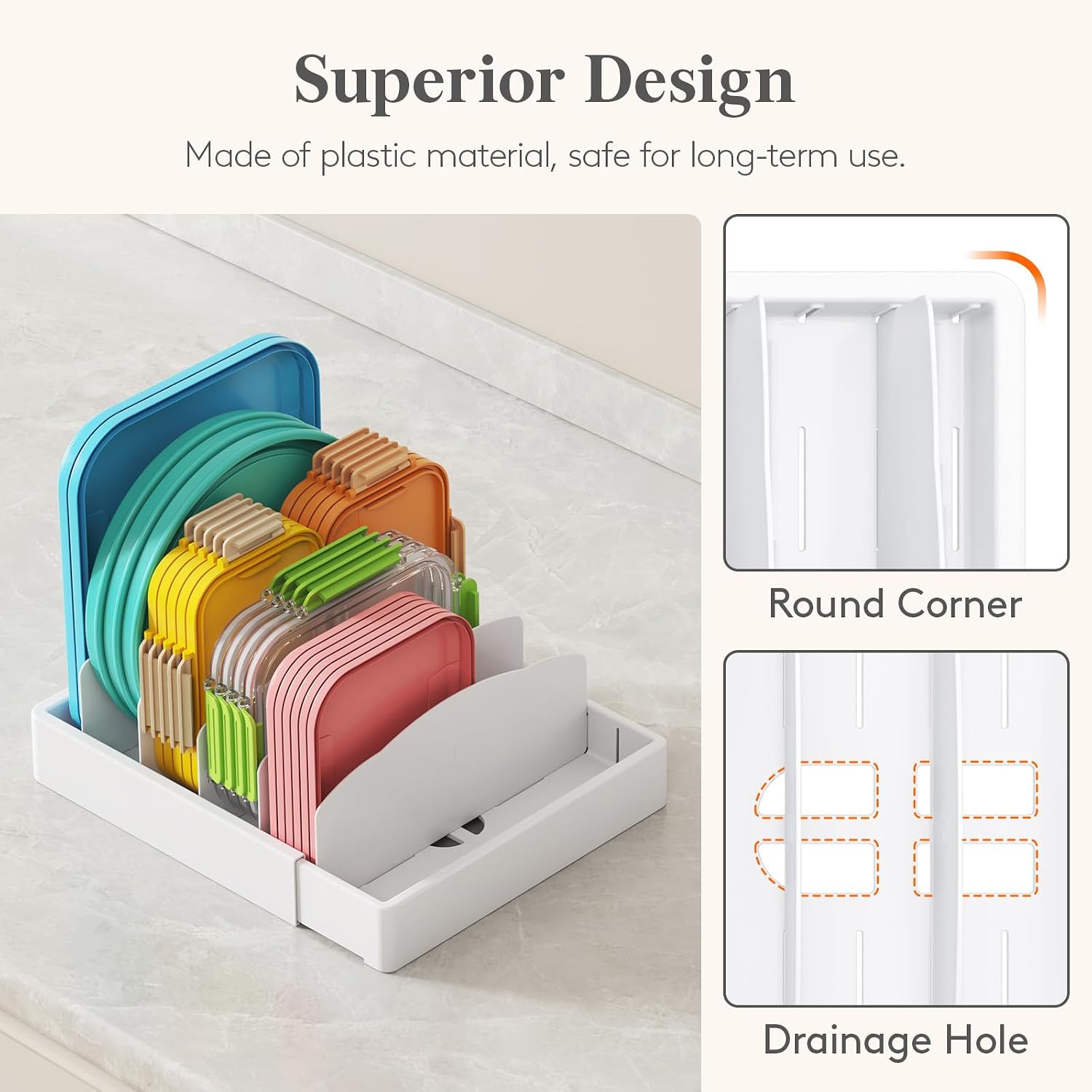 Lifewit Kitchen Cabinet Organizer for Food Contanier Lid, Expandable Lids Holder with 8 Adjustable Dividers & 9 Sections for Pantry Organizers and Storage, Home Drawer Organization, Large, 9.8"-17" - Image 7