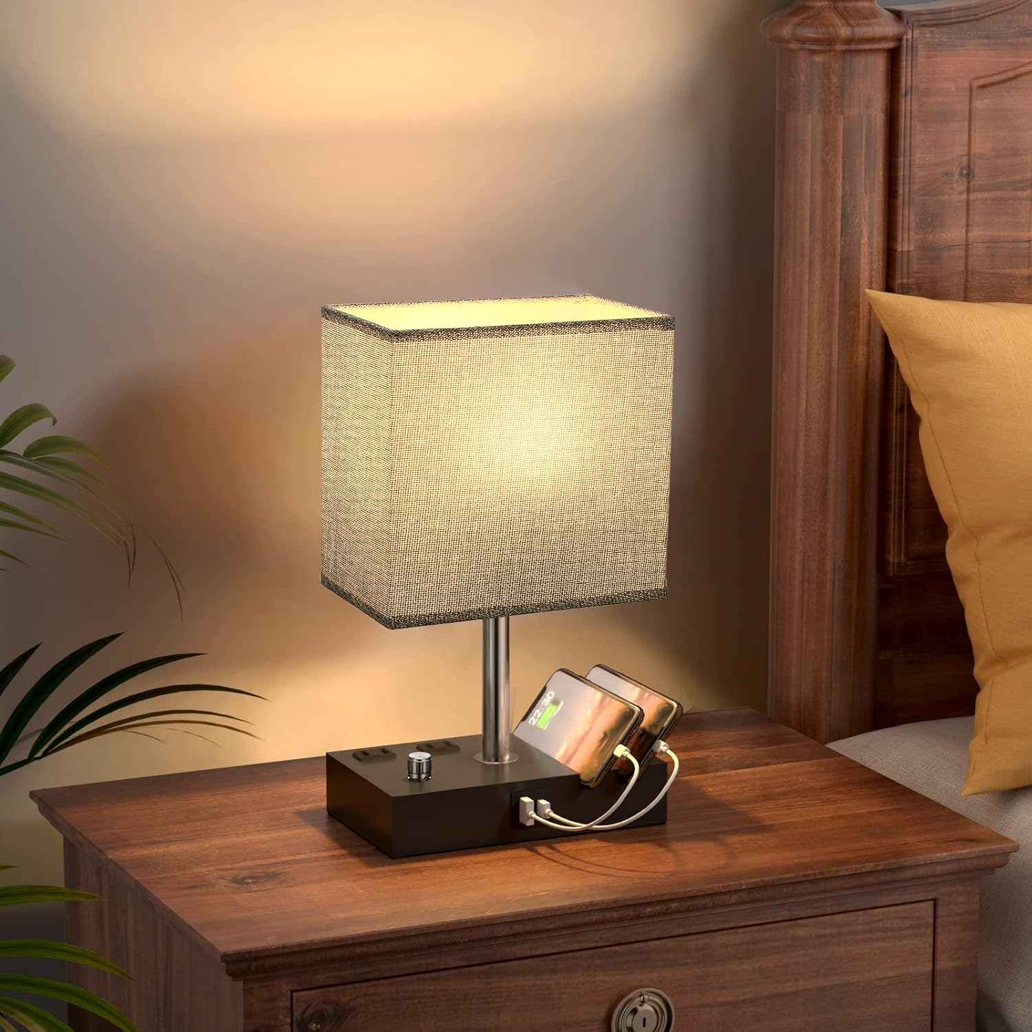 Kakanuo Fully Dimmable Nightstand Lamp for Bedroom with USB C Ports, Grey Small Bedside Table Lamp with Charging Outlets and Phone Stands, Wooden Desk Lamp for Living Room, LED Bulb Included - Image 6