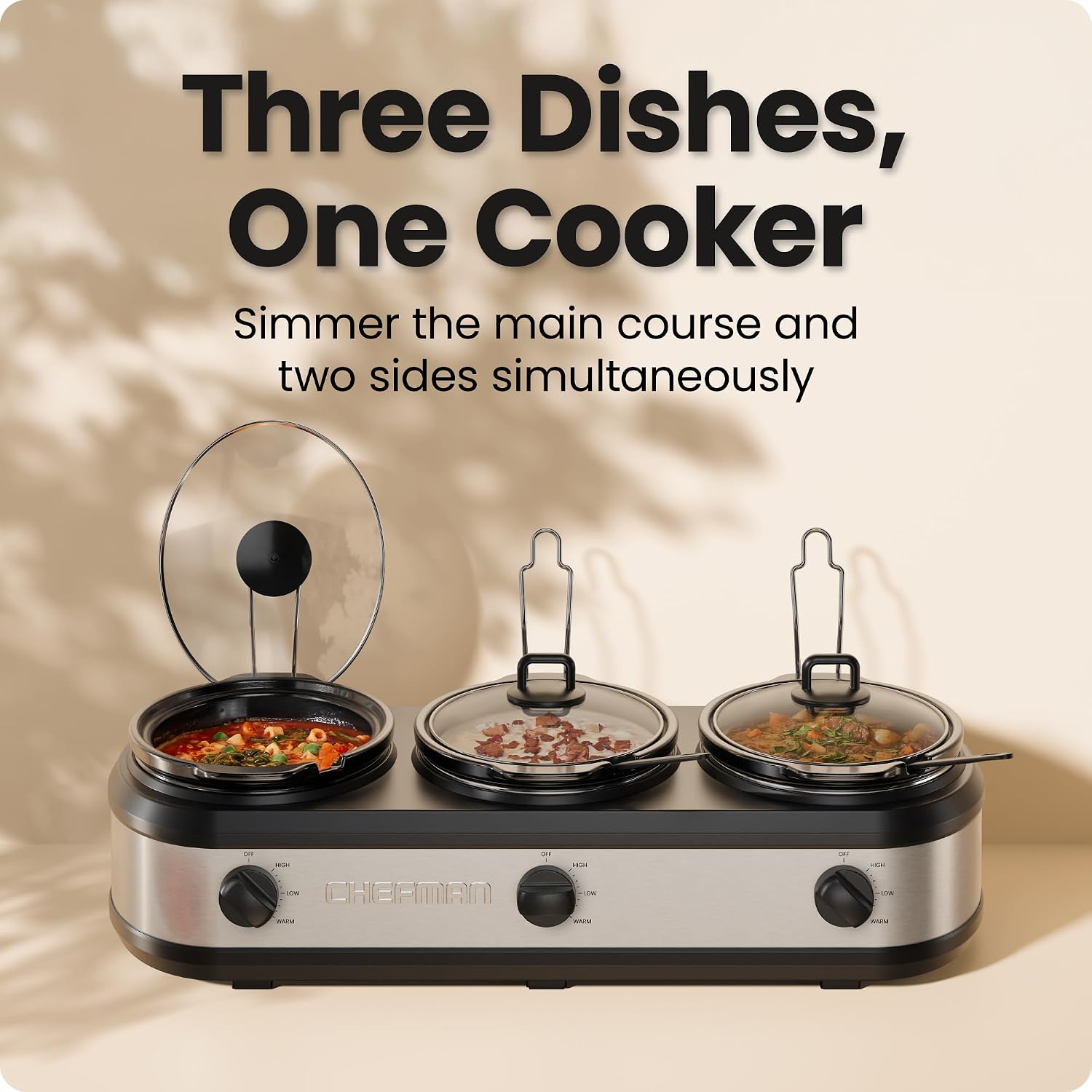 Chefman Triple Slow Cooker & Food Warmer, Three Crock Slowcooker with 2.5 Qt. Ceramic Crocks, 7.5-Quart Total Capacity, PFAS-Free, Three Temperature Settings, Dishwasher-Safe Parts – Stainless Steel - Image 2