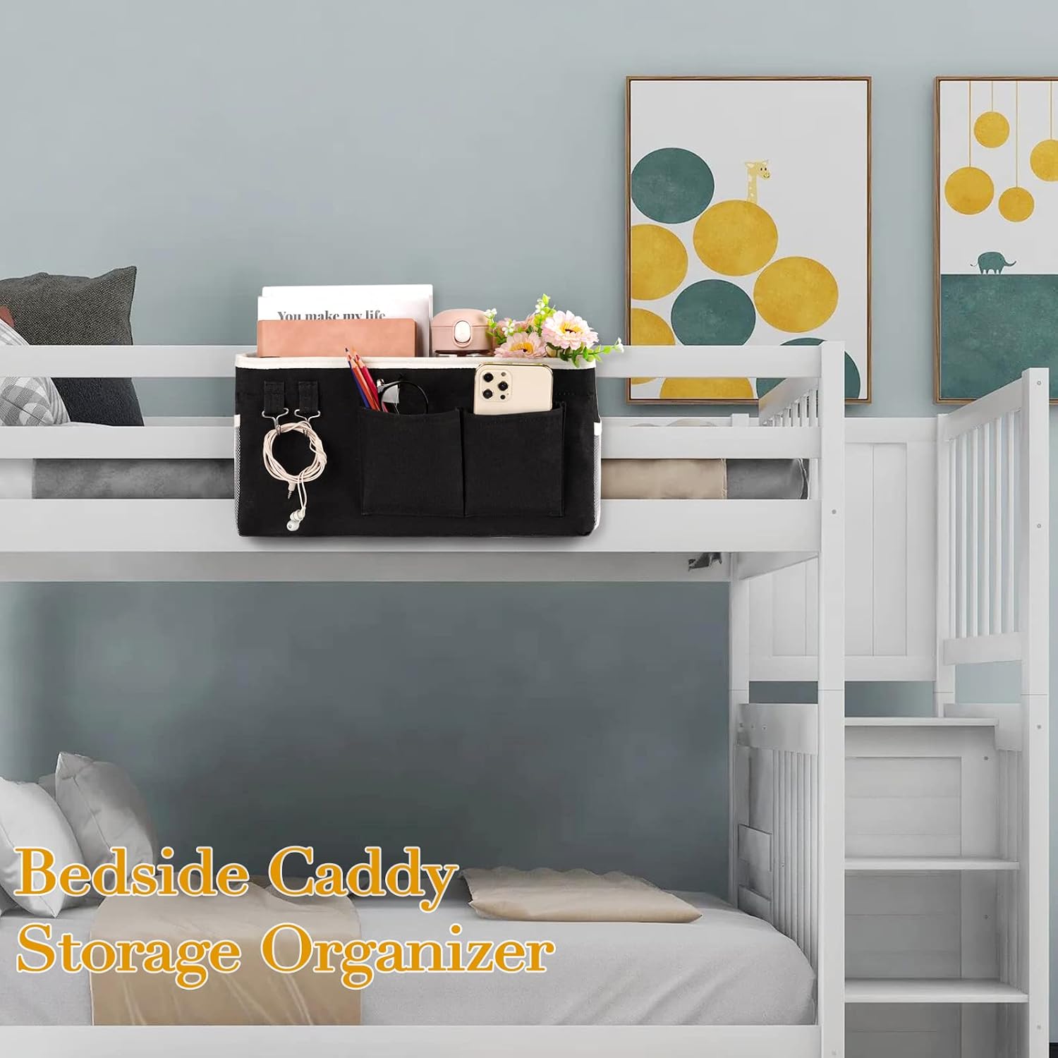 Bedside Storage Caddy/Bedside Hanging Storage Bag for Headboards Bunk Beds Dorm Rooms Book Phone Magazine Holder (Black) - Image 3