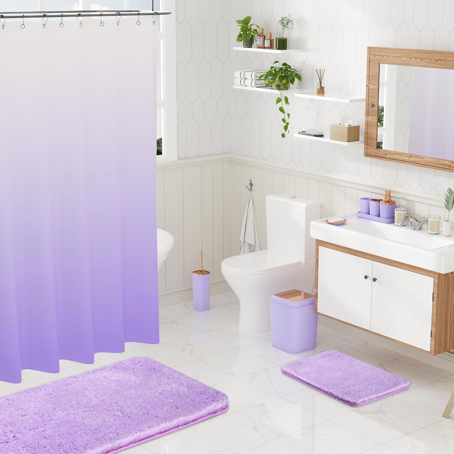 XLHOMO Bathroom Accessory Set–Bathroom Sets with Shower Curtain and Rugs, Non Slip Bathroom Rugs Super Absorbent, Light Purple Ombre Shower Curtain with Hooks, Lavender Bathroom Sets Complete for Home - Image 9