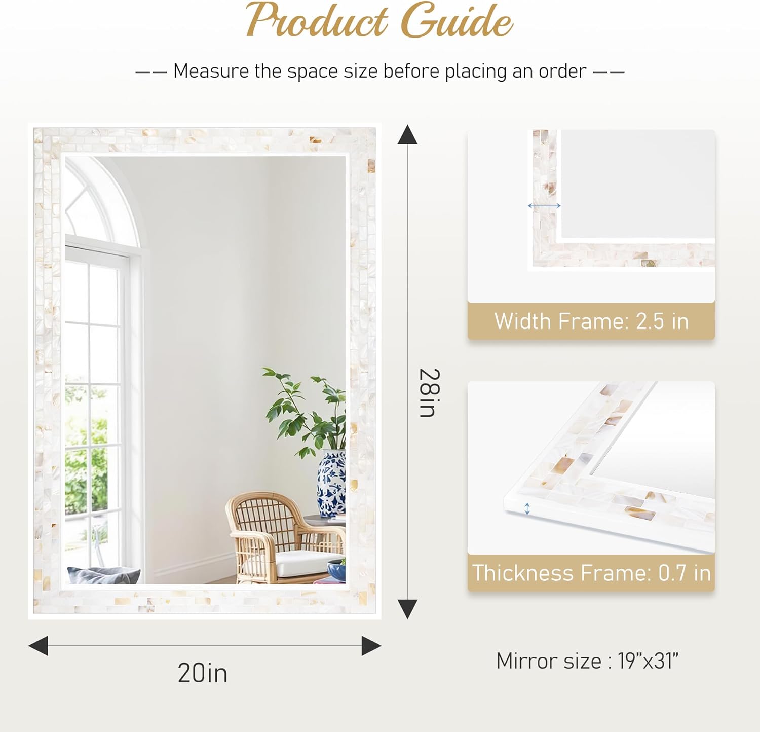 20x28 Inch Mosaic Rectangle Mirrors for Wall | Handcrafted Natural Shell Mosaic Border, Horizontal & Vertical Mount Decor Mirror for Bathroom Entryway Bedroom - Image 3
