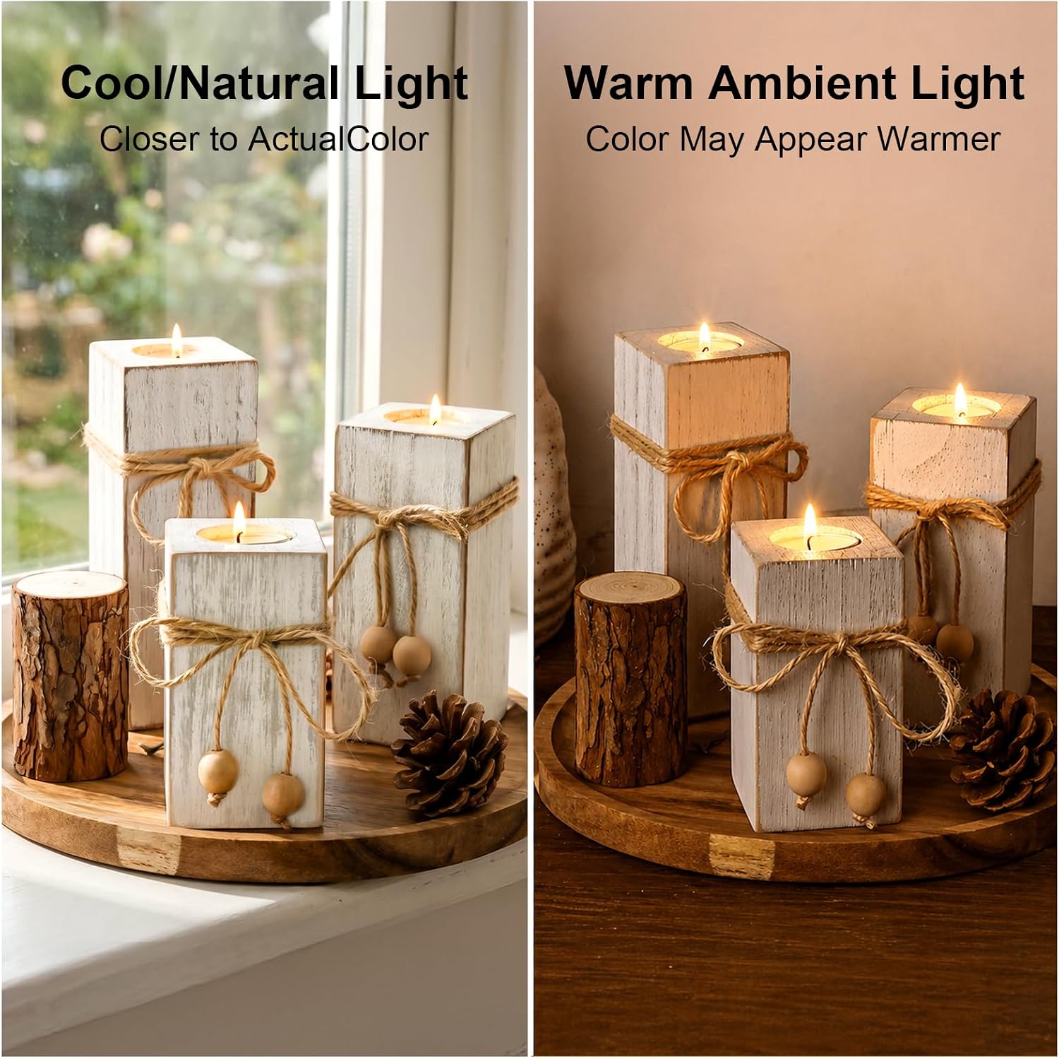 MelonBoat Rustic Flameless LED Candles 3-Pack, Battery Operated Candles with Wooden Candle Holders, White Rustic Farmhouse Decor, Farmhouse Candle Holder for Valentines Holiday Party Home Decor - Image 4