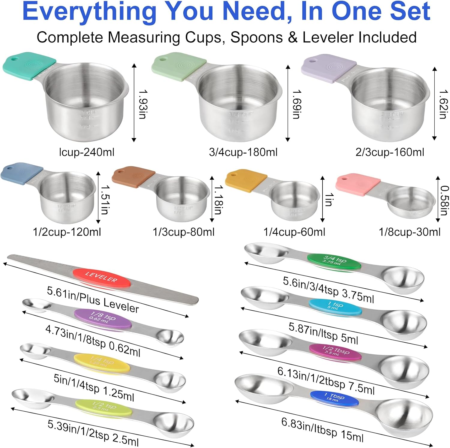 Magnetic Measuring Cups & Spoons Set, Strong N45 Magnets, Heavy Duty 304 Stainless Steel Fits in Spice Jars for Baking & Cooking, BPA Free, Round Set of 15 with Leveler, Light Colorful - Image 7