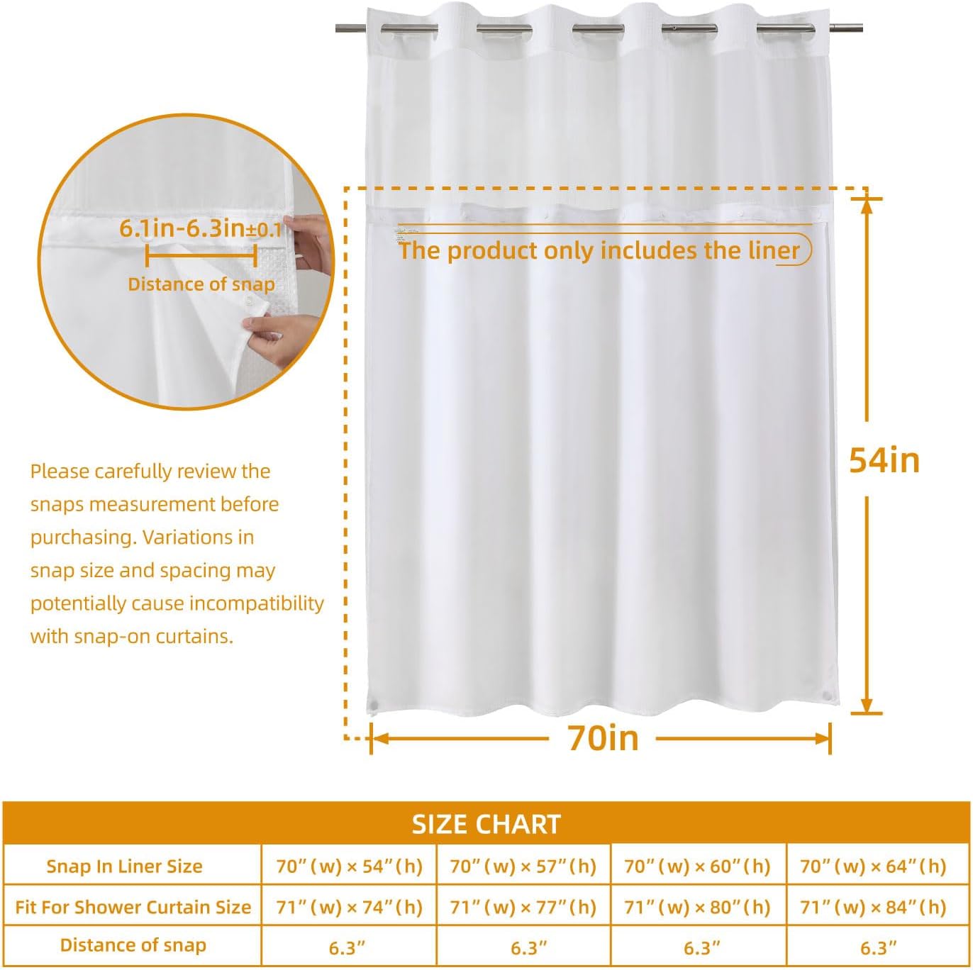 eachope 1 Pack Fabric Snap-in Shower Curtain Liner Replacement,Compatible with No Hook Shower Curtain with Snap in Liner, Removable & Water-Repellent,Machine Washable,70x54,White - Image 3