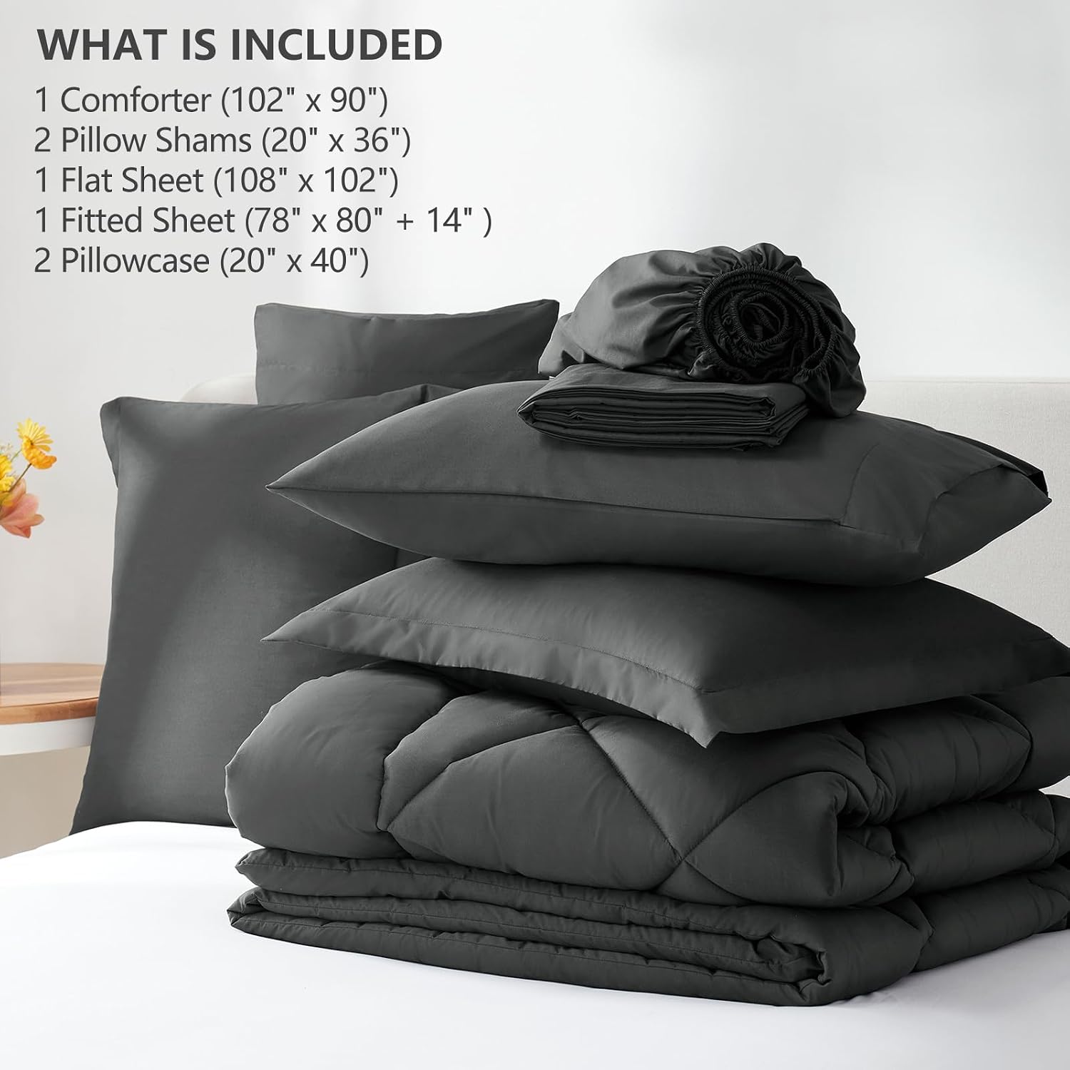 CozyLux King Size Comforter Set Dark Grey - 7 Pieces Bed in a Bag King, Luxury Soft Bed Set for All Seasons, Bedding Set with Down Alternative Comforter, Sheets, Pillowcases & Shams - Image 6
