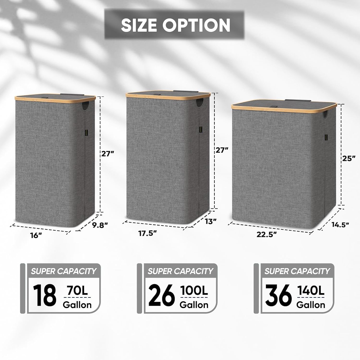 BALEINE Laundry Hamper with Lid, Tall Laundry Baskets with Bamboo Pull Handles, Large Laundry Bin with Internal Support (26 Gal/100L, Grey) - Image 3