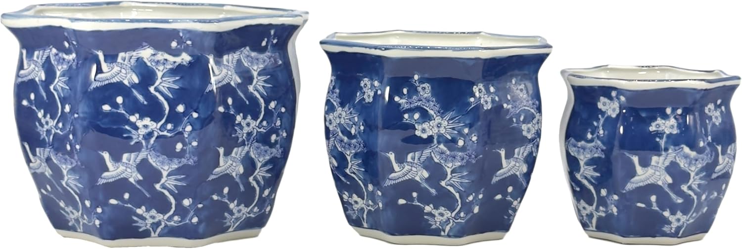 Galt International White & Blue Crane Round Fluted Floral Porcelain Ceramic Plant Flower Planter Pot Set of 3 (7.5", 10", 13") Garden Pots Chinese Asian Design - Image 6