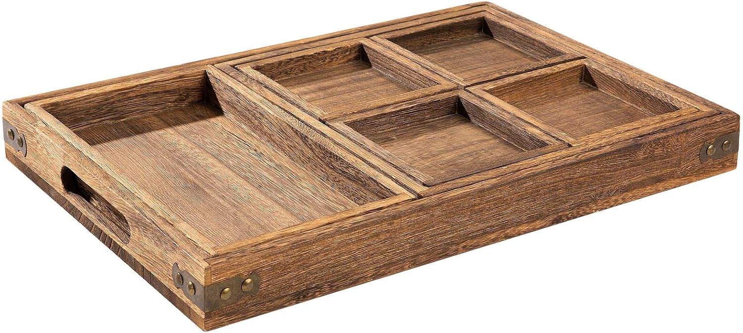 Yangbaga Rustic Wooden Serving Trays with Handle - Set of 7 Rectangular Platters for Entertaining, Breakfast, Coffee Table, Home Decor - Image 3