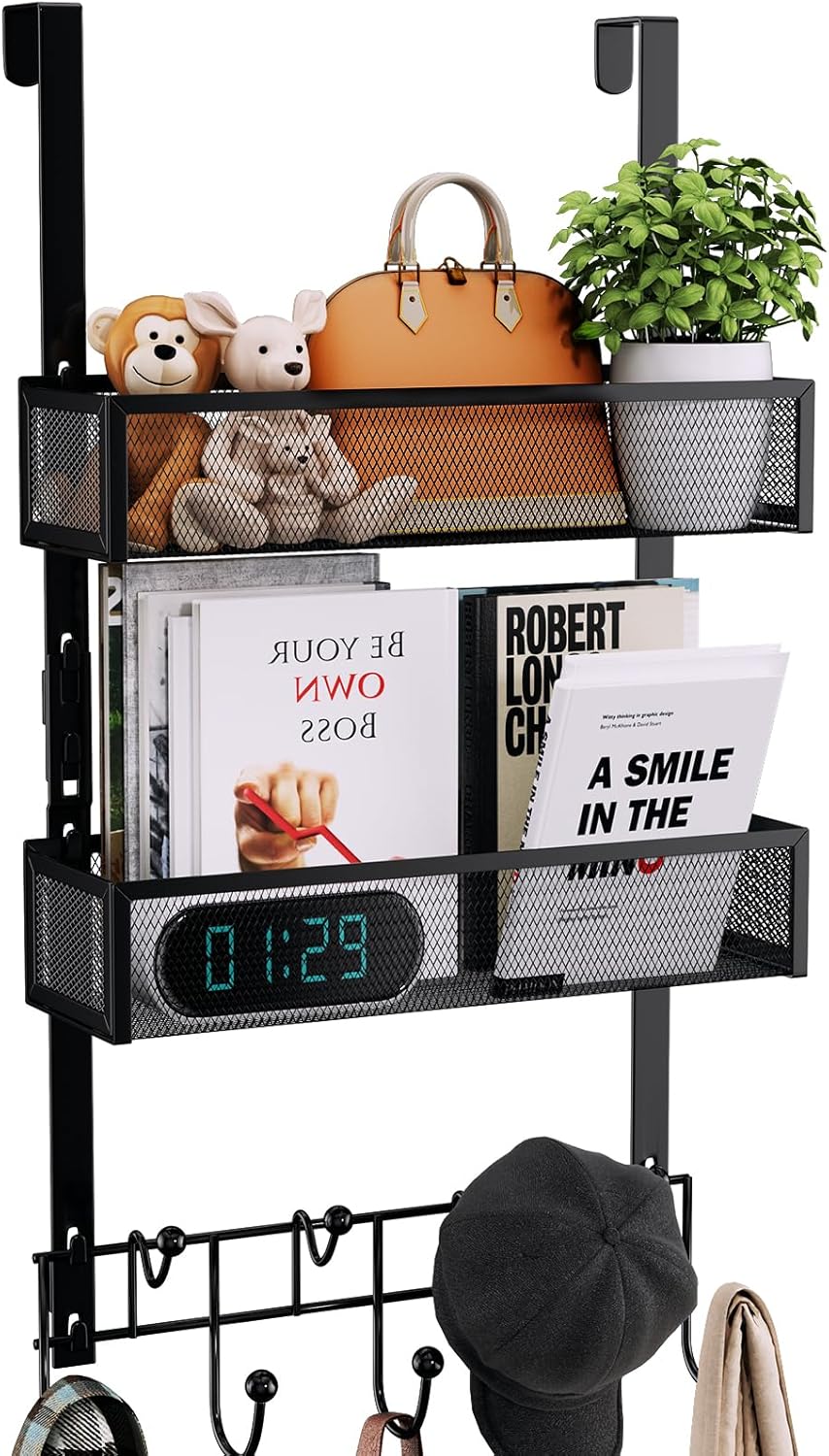 Consumest Over The Door Hooks Organizer - 3 Tier Door Hanger with 9 Coat Hooks & 2 Mesh Basket, Back Storage Organizer Hanging Towels for Bathroom, Bedroom, Black