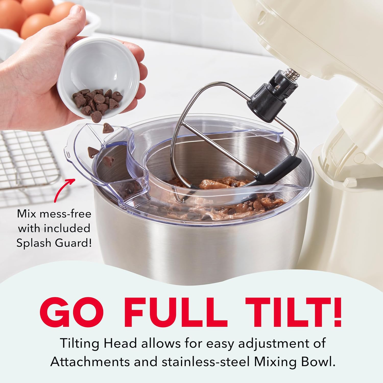 Dash 3.5QT Tilt-Head Stand Mixer - Electric Stand Mixer with Stainless Steel Bowl and Splash Guard For Baking - Cream, 3.5-Quart - Image 5