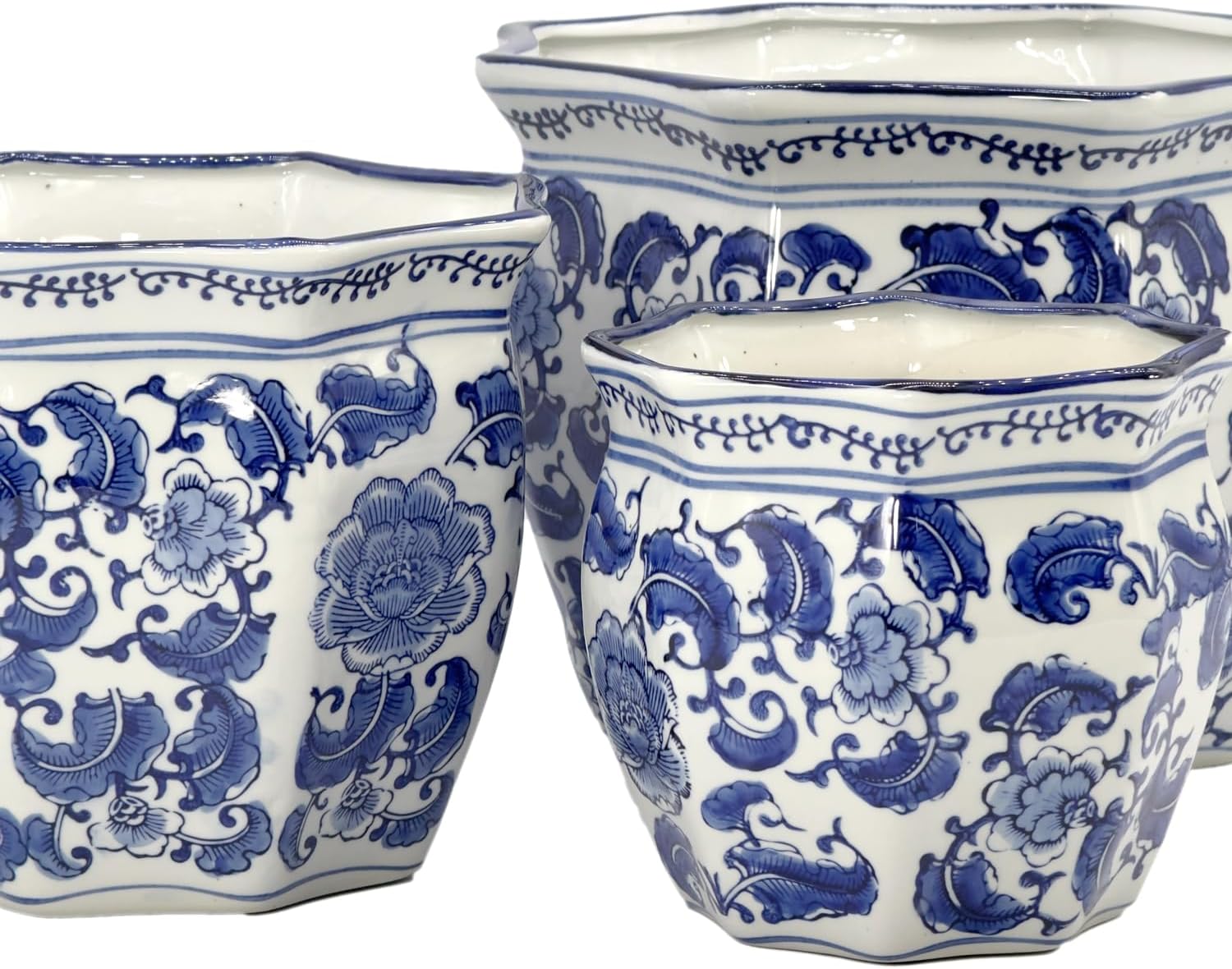 Galt International Blue & White Round Fluted Classic Floral Porcelain Ceramic Plant Flower Planter Pot Set of 3 (7.5", 10", 13") Garden Pots Chinese Asian Design - Image 8