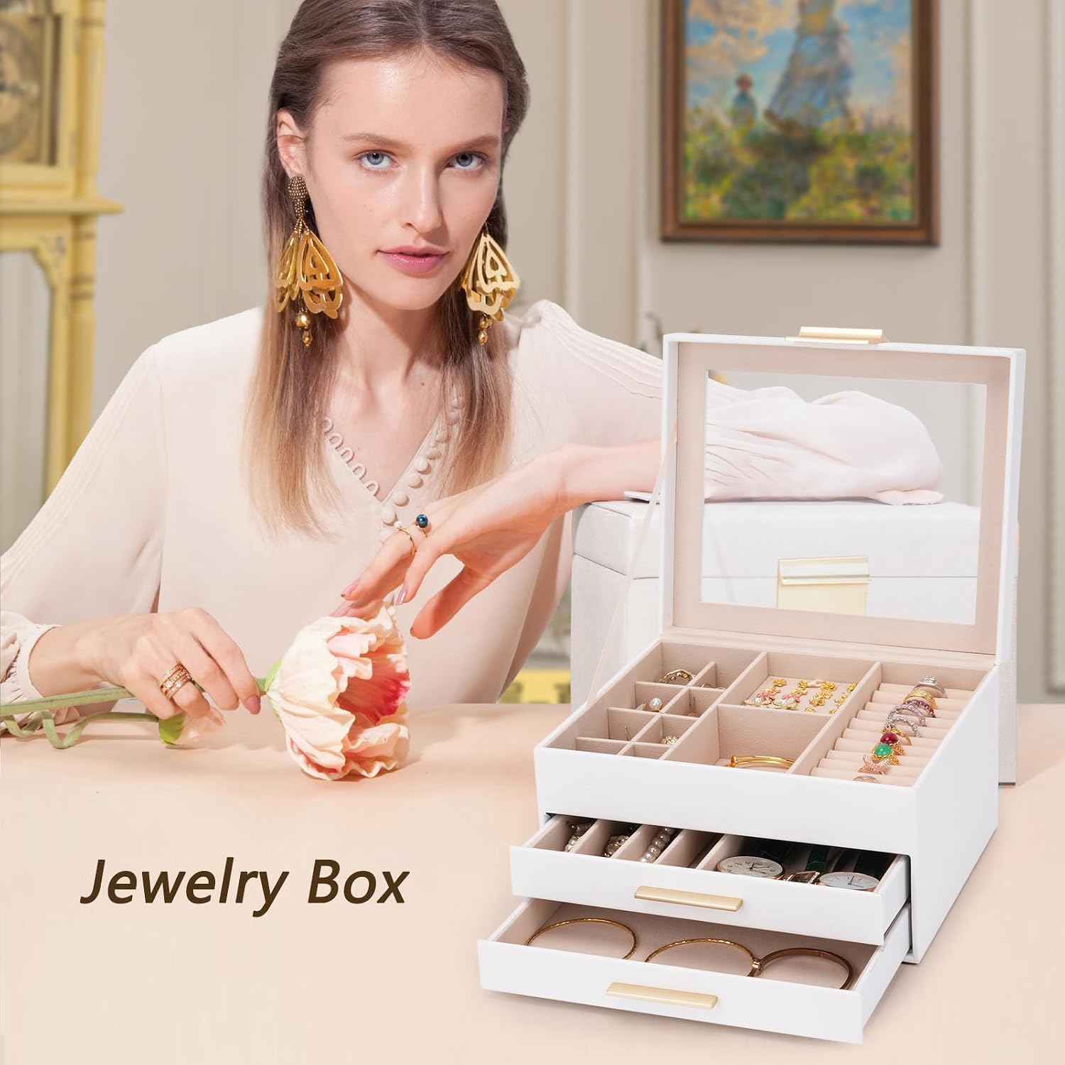 Jewelry Box for Women, 3-Layer Jewelry Box, Jewelry Organizer with Clear Glass Lid and Drawers, Jewelry Organizers and Storage for Necklaces, Rings, Earrings, Bracelets(White) - Image 9