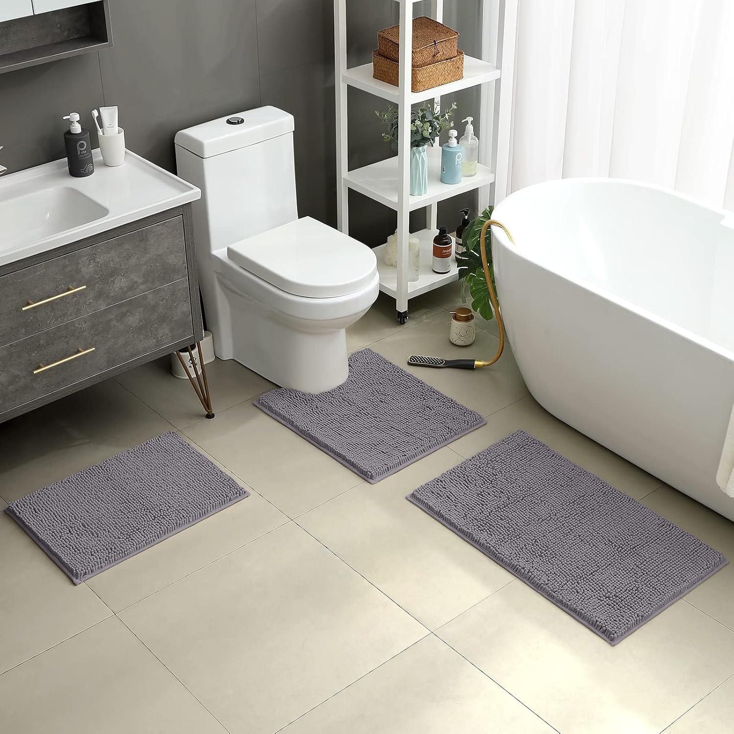 HOMEIDEAS 3 Pieces Bathroom Rugs, Soft Thick Absorbent Chenille Bath Mats, Washable Non-Slip Floor Rugs for Shower & Bath, Grey - Image 2