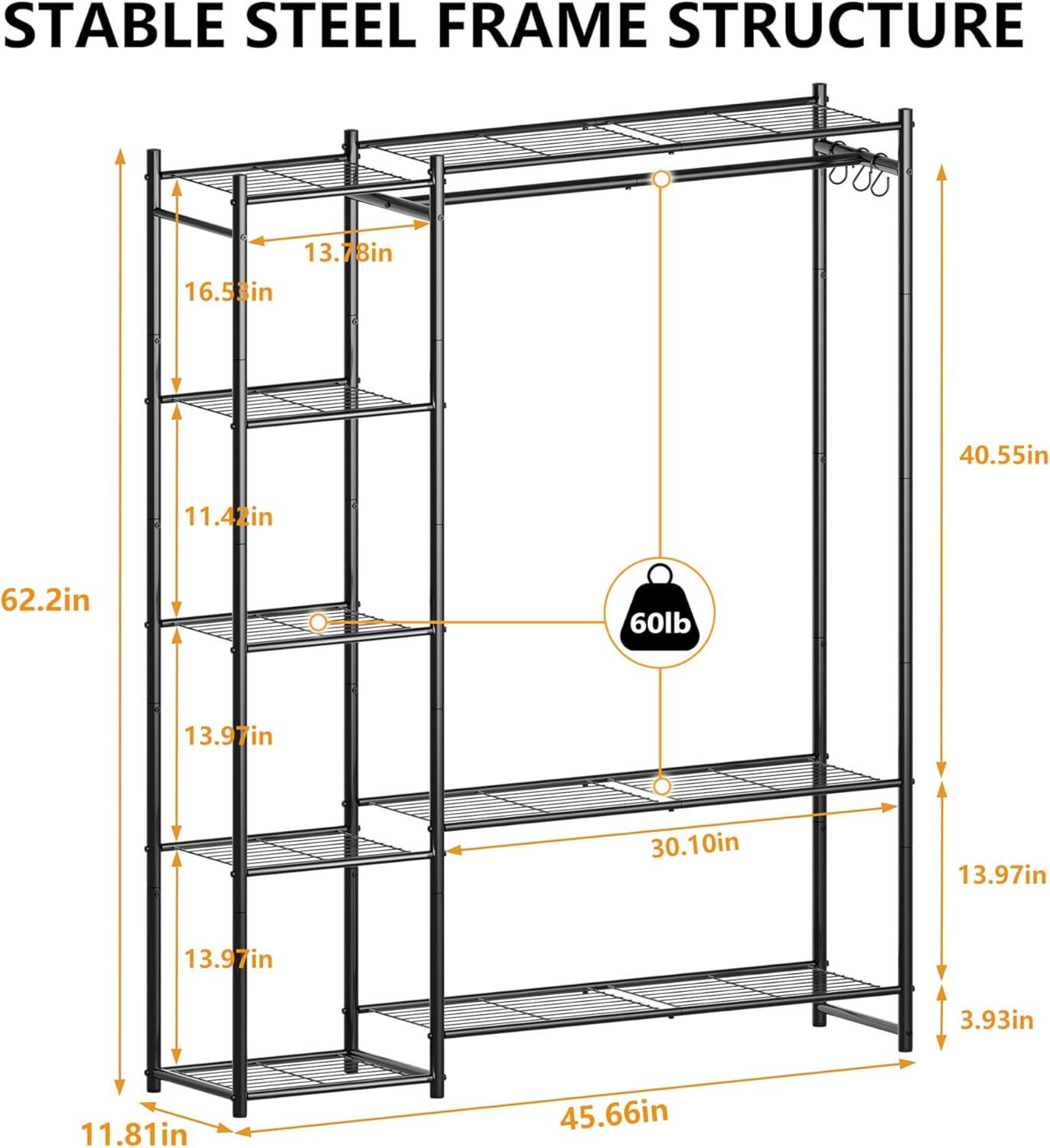 Wardrobe Closet,Portable Clothes Rack with 4 Tiers Shelves,Freestanding Closet Organizers and Storage System with Hanging Rods,Steel Clothing Rack Suitable for Cloakrooms,Bedrooms,Entrances,etc.Black - Image 3