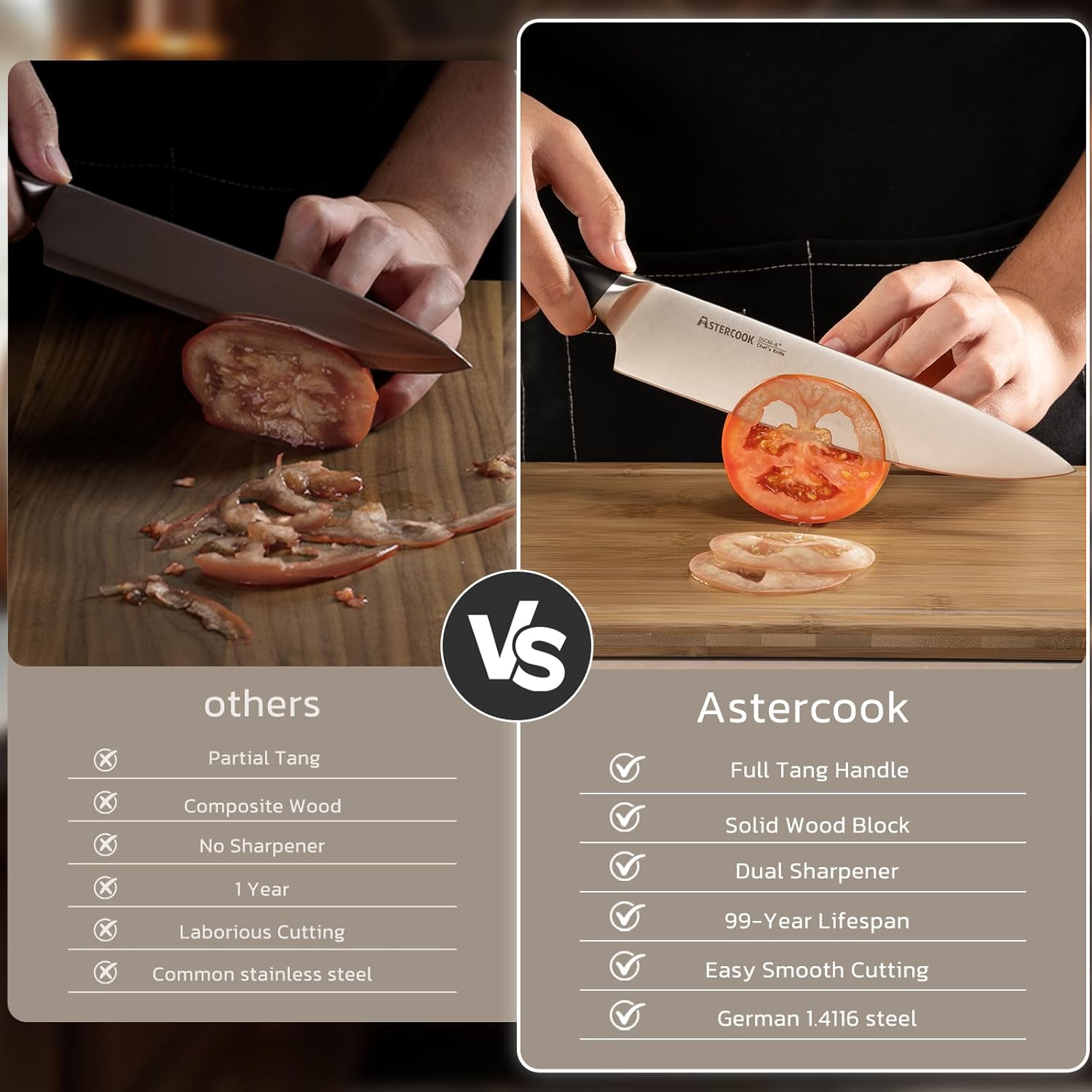 Astercook Knife Set, Kitchen Knives Set with Block and Sharpener Full Tang 17 Pcs German Stainless Steel Knives Sharp Blade Dishwasher Safe Premium Knife Set, Black Father Day Gifts for Men - Image 2