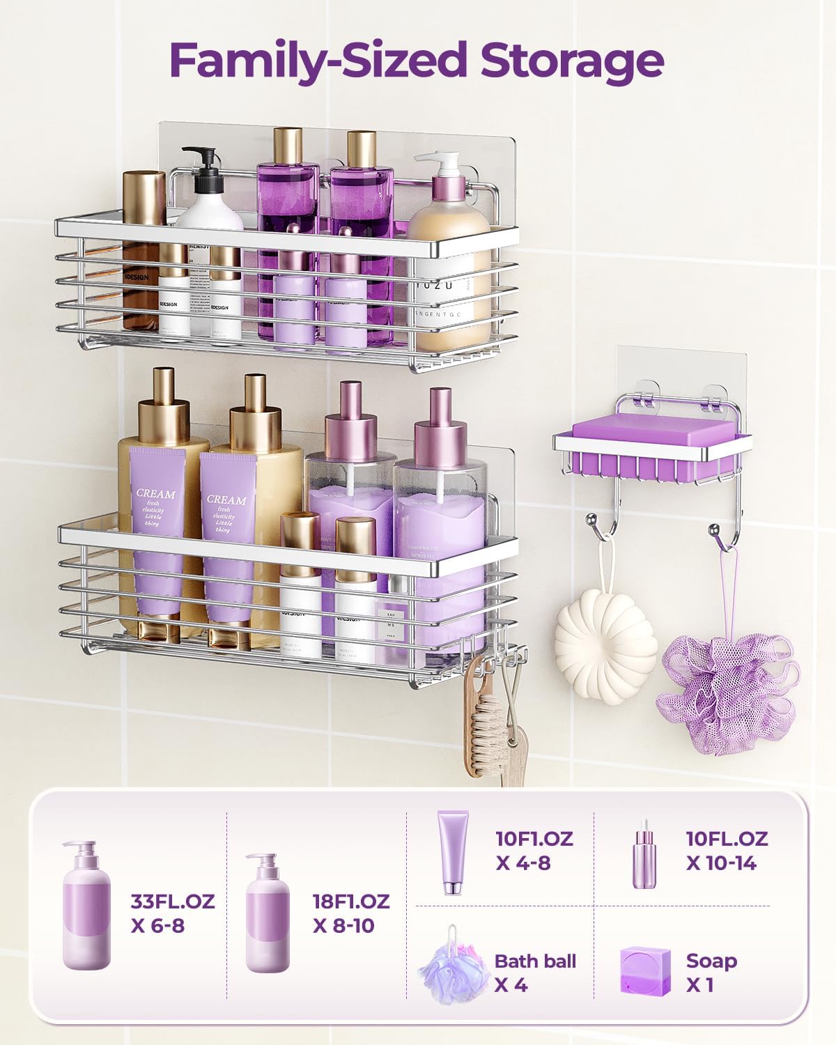 ODesign Shower Caddy 3 Pack SUS304 Stainless Steel-No Drilling-Shower Bathroom Shelves Rack,Rustproof Wall Mounted,Adhesive Shower Shelf Basket Organizer-Silver - Image 5
