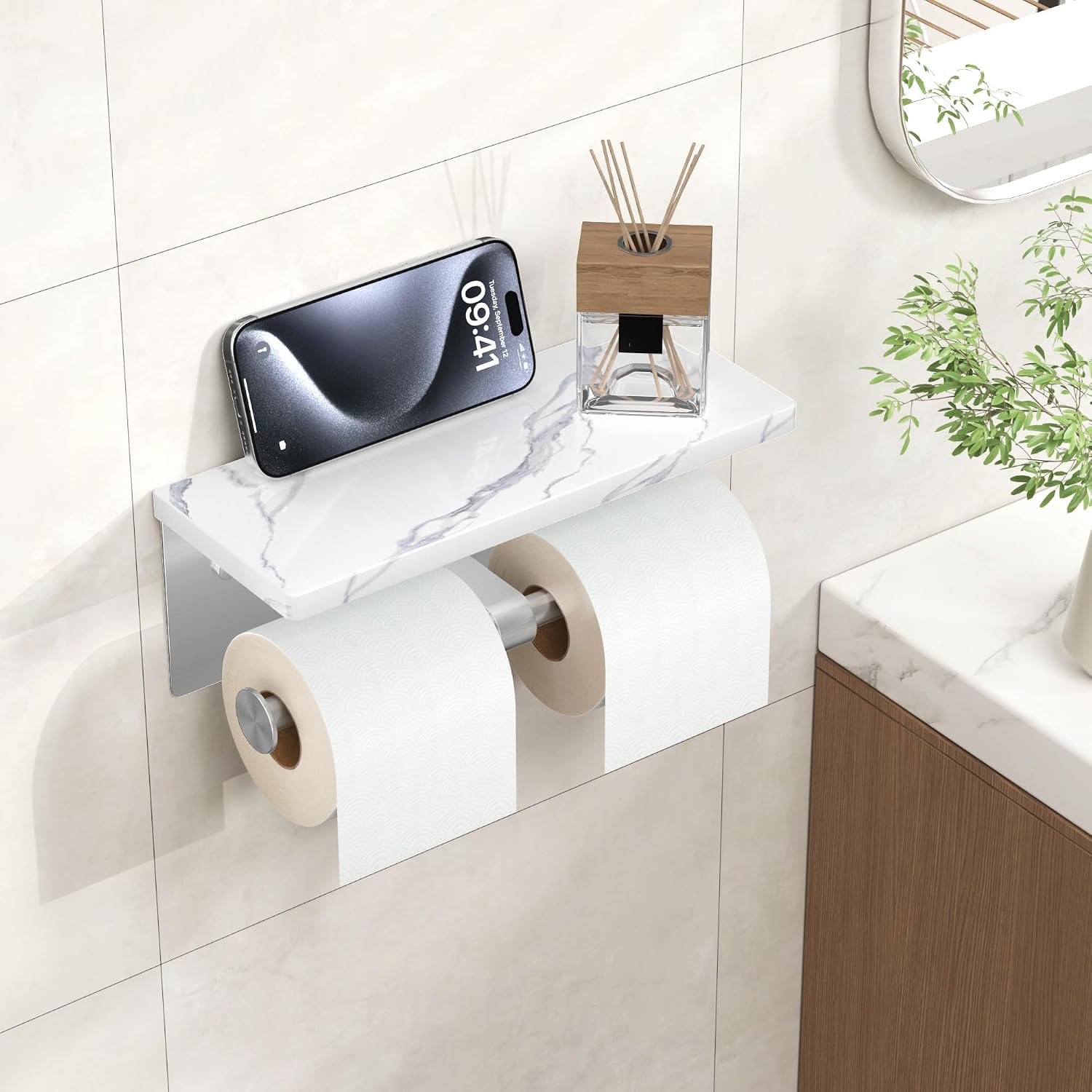 FORIOUS Toilet Paper Holder with Shelf, Marble Wall Mount Tissue Roll Holder for Bathroom, Washroom, 304 Stainless Steel Double Commercial Toilet Tissue Dispensers with Phone Shelf, Brushed Nickel - Image 9