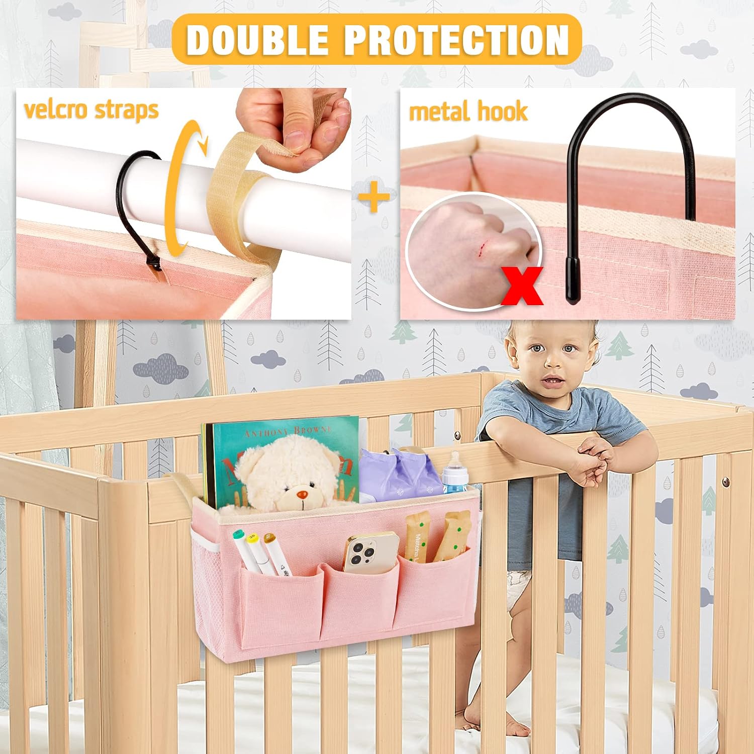Lilithye Bedside Caddy Bedside Organizer Bedside Storage Caddy with Fixed Straps and Water Bottle Holder for Home College Dorm Bunk Bed Hospital Bed Crib Bed Rails (Pink) - Image 4